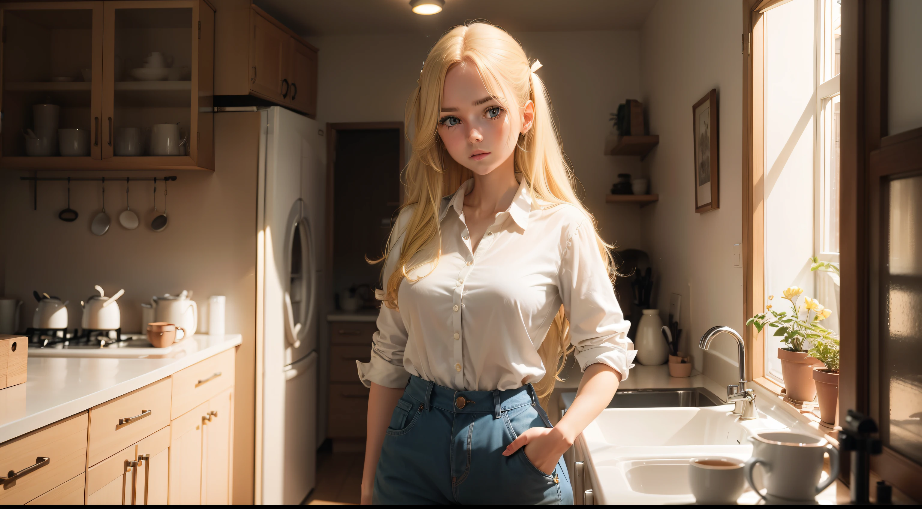 Abigail, a blonde hair young woman standing and looking determine, at home, in the morning