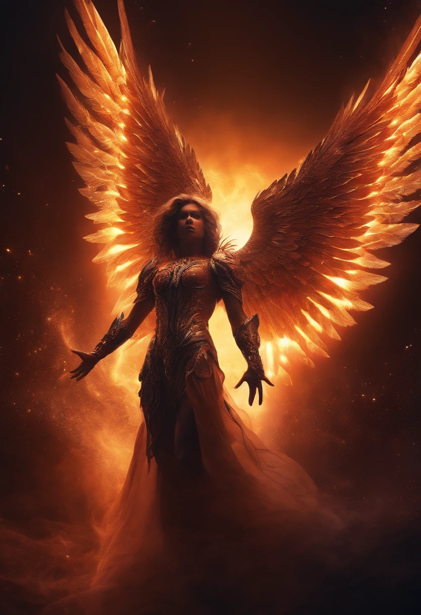 Cosmic Fallen Angel, glowing light eyes, Biomechanical, eerie, Creepy, nightmarish, Very bright colors, Light particles, with light glowing, Mshiv, wallpaper art, UHD wallpaper
