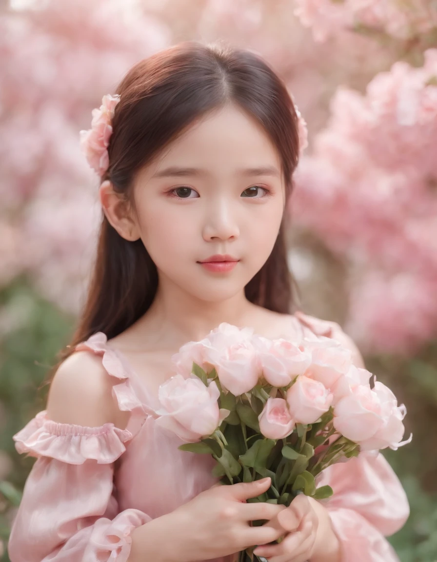 Asian children's style, kawaii aesthetic style, pink princess dress, holding flowers in hand, putting to nose to smell, blush, cute, fair skin, happy, stylish clothes
