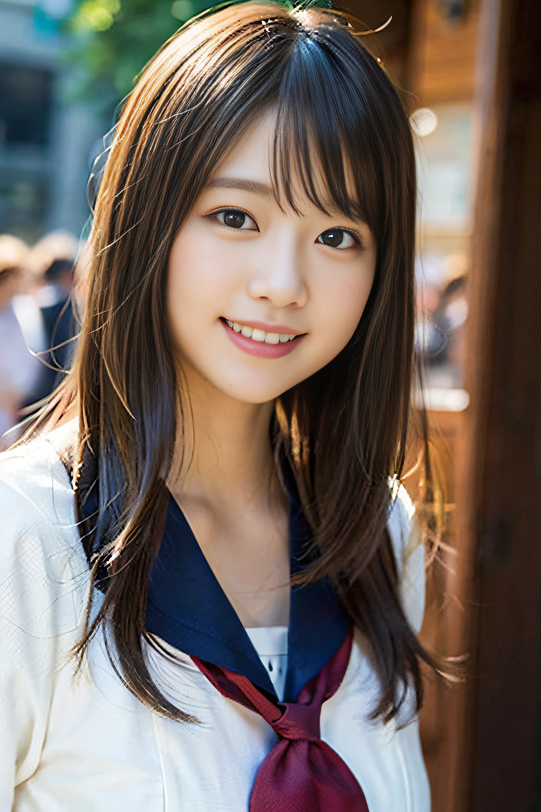 Japanese schoolgirl),((Beautiful girl)),cleavage,the expression imagining what feels good:1.2,(perfect body beauty:1.2),((perfect body)),(shy smile),beautiful teeth,