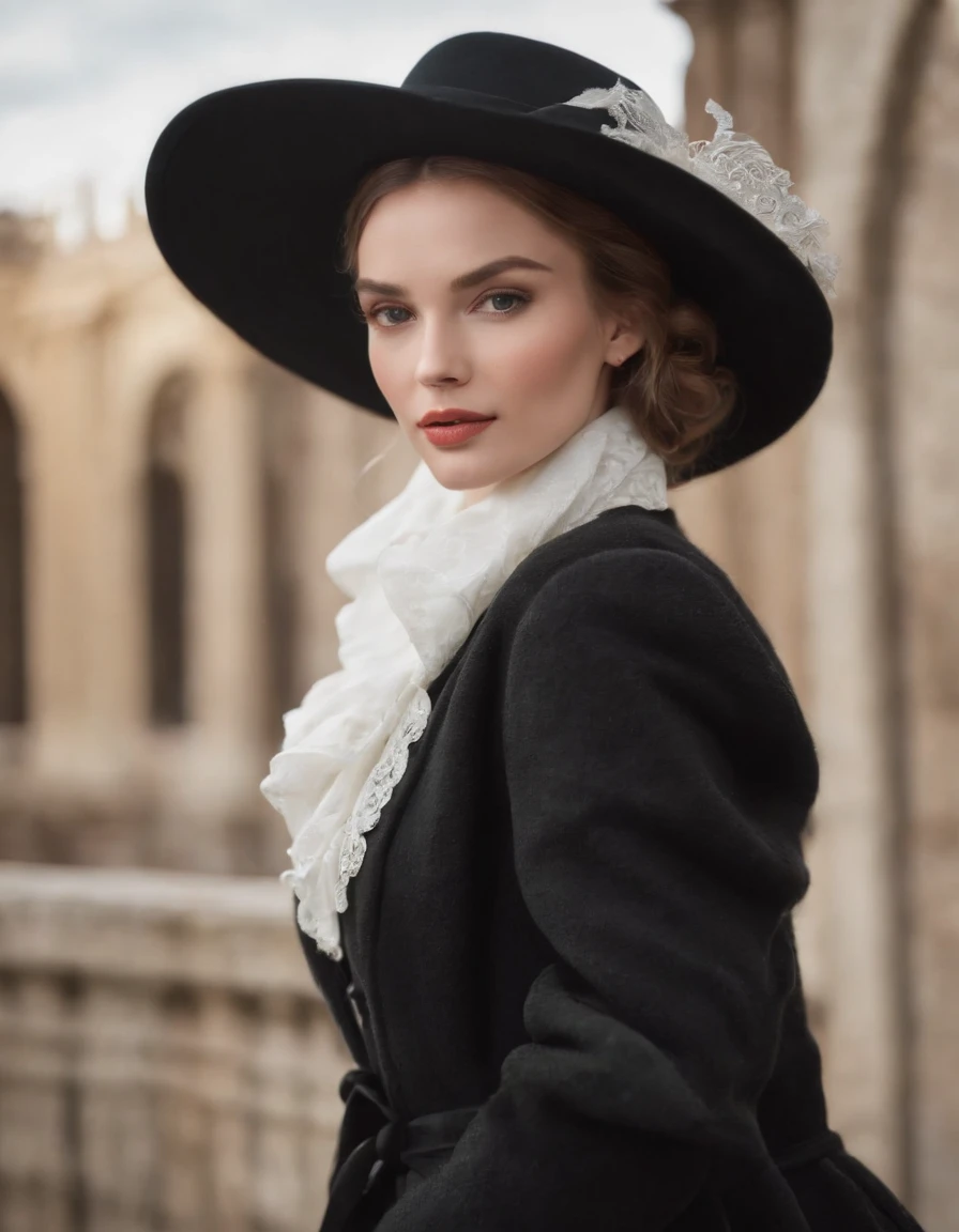 a model wears a black coat and a white hat,beautiful face, in the style of 32k uhd, rococo elegance, vintage-inspired designs, bold curves, ferrania p30, limited color range, magazine cover