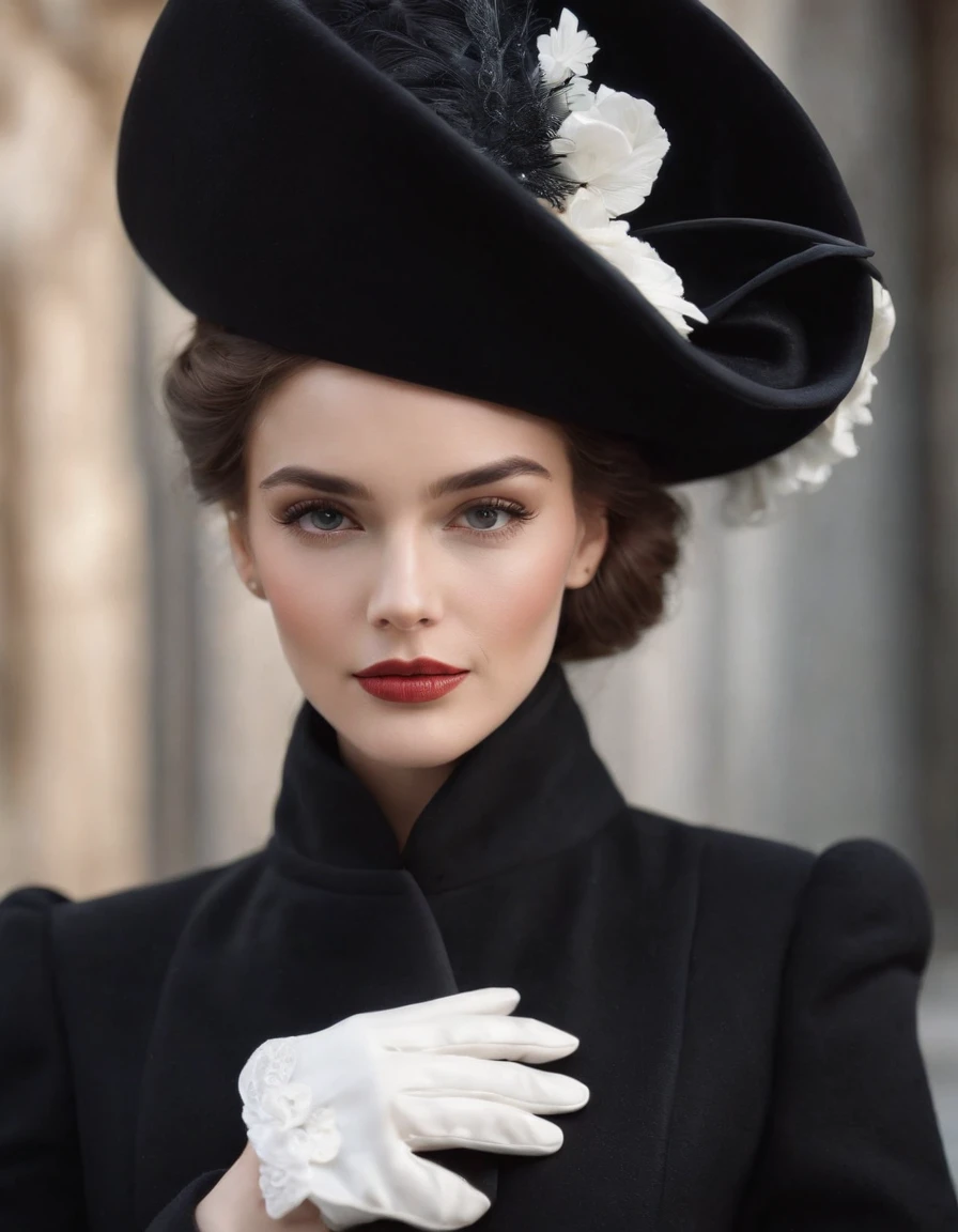 a model wears a black coat and a white hat,beautiful face, in the style of 32k uhd, rococo elegance, vintage-inspired designs, bold curves, ferrania p30, limited color range, magazine cover