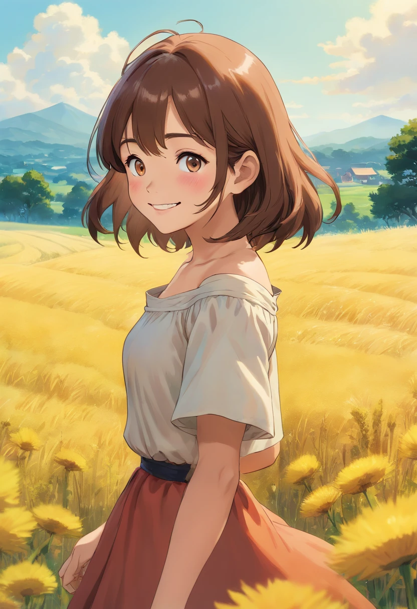 1girl, offshoulder, light smile, shiny skin, best quality, masterpiece, walking in a musterd field (photorealistic:1.4)