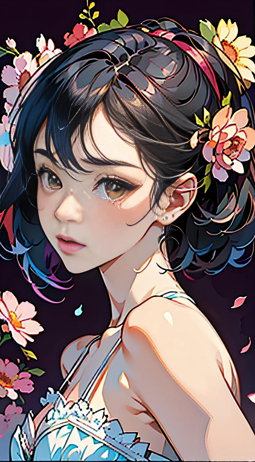 girl with、an lingerie、（PastelColors）、(portlate、above breasts、very closeup:1.1)、(​masterpiece、top-quality、offcial art、Beauty and aesthetics:1.2)、Dynamic Poses、(ultra-detailliert)、detaile、The best illustrations、hand-paintedhigh-quality、(Clean lines:1.3)、(line-drawing)、Ligneclair、Fractal Art,Wraparound configuration,flat-chest,flowers background,(intricate-detail),(detailedbackground:1.2),hight resolution,