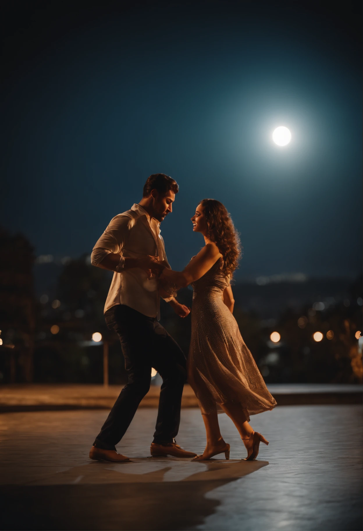 Un hombre y una mujer con ropa casual bailando bajo la luna en una ciudad moderna.