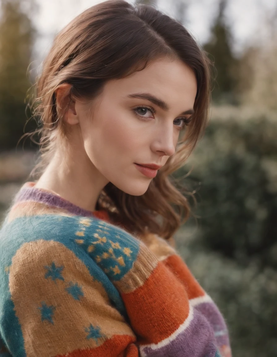 woman in a colorful retro sweater, taken from the side, close up shot, daylight, high quality photo.