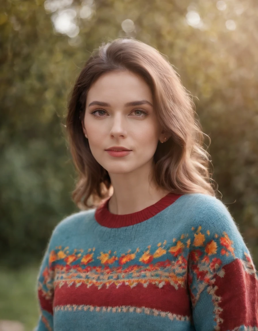 woman in a colorful retro sweater, taken from the side, close up shot, daylight, high quality photo.