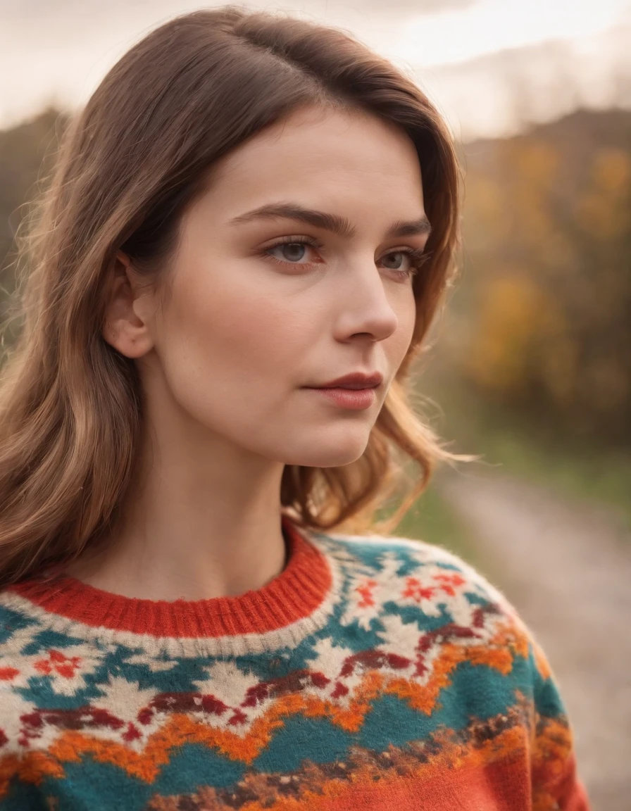 woman in a colorful retro sweater, taken from the side, close up shot, daylight, high quality photo.