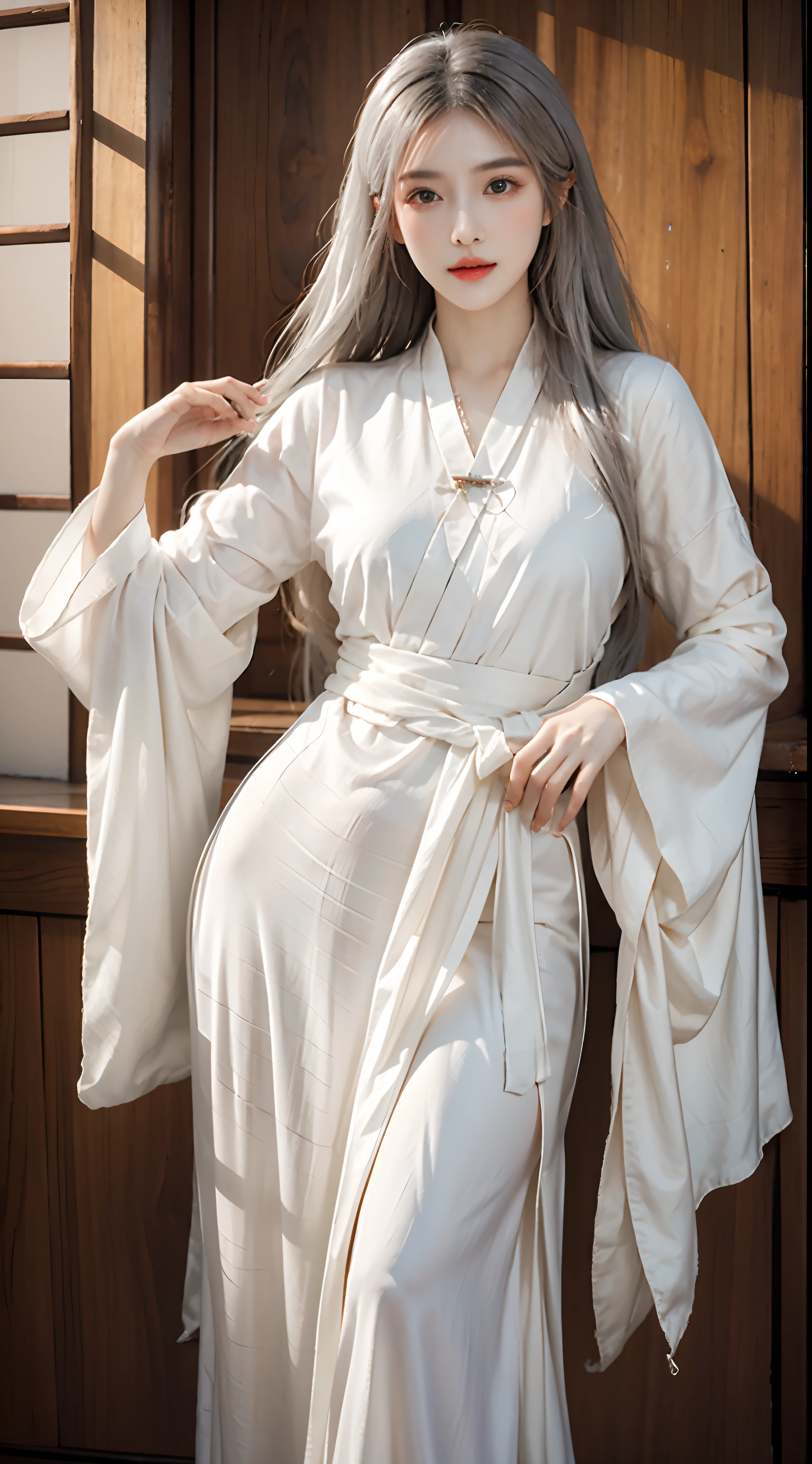 Photorealistic, high resolution, 1 woman, hips up, Beautiful eyes, Long hair, ringed eyes, jewelry, white hair, dunhuang_cloths, hanfu