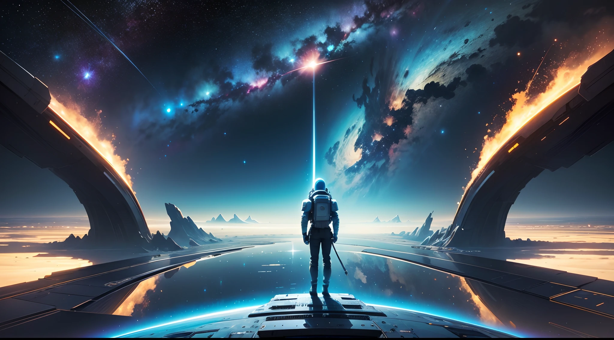 (Best quality,A high resolution,Masterpiece:1.2), Magnificent space background, Advanced technology, SleekDesign, Vibrant colors, Dynamic composition, Realistic details, Beautiful starry night, mind-blowing views, Epic exploration, The vastness of space, Interstellar Travel, Dazzling lights, immersive experience, Awesome perspective, Zero gravity feeling, Shining stars, Distant galaxies, Endless possibilities, Space Adventures, Unlimited potential, Fantastic journey --auto