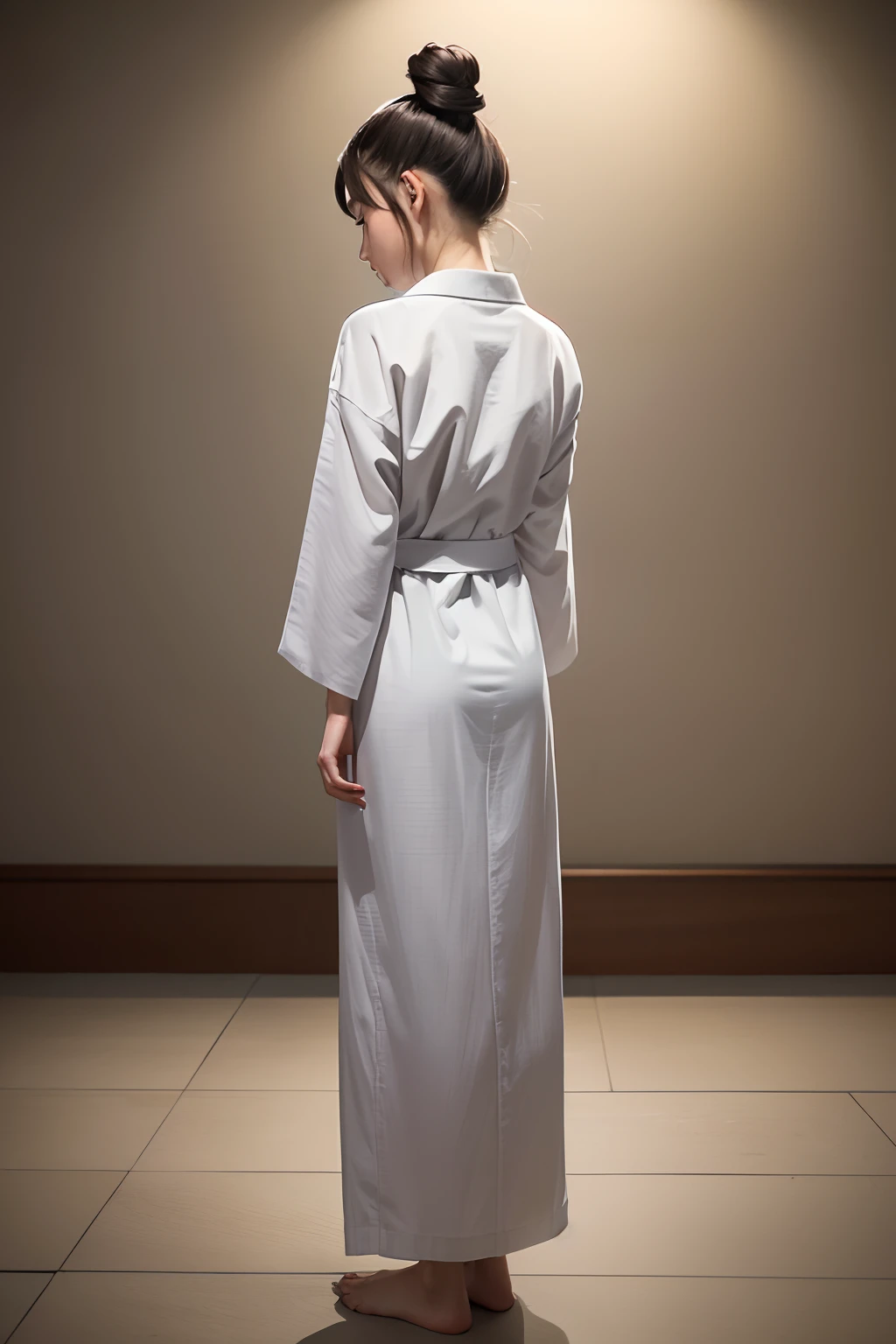 ((Masterpiece,Best quality, high resolution)), 1girll, Solo, The light is gentle，1 girl in a gray yukata，（white sash），（burlap），（Female prisoners），With a petite figure，brunette color hair，hair-bun，Stand in a gloomy prison，stand posture，Full body like，streaming tears，Clothing covers the whole body，folds，solid color backdrop，back