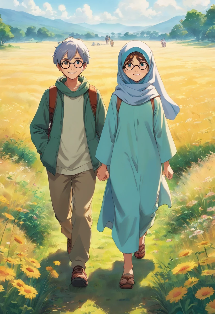 1girl and 1 boy, light smile, shiny skin, the girl is wearing a hijab and the the boy is wearing glasses in eyes, best quality, masterpiece, walking in a musterd field (photorealistic:1.4)