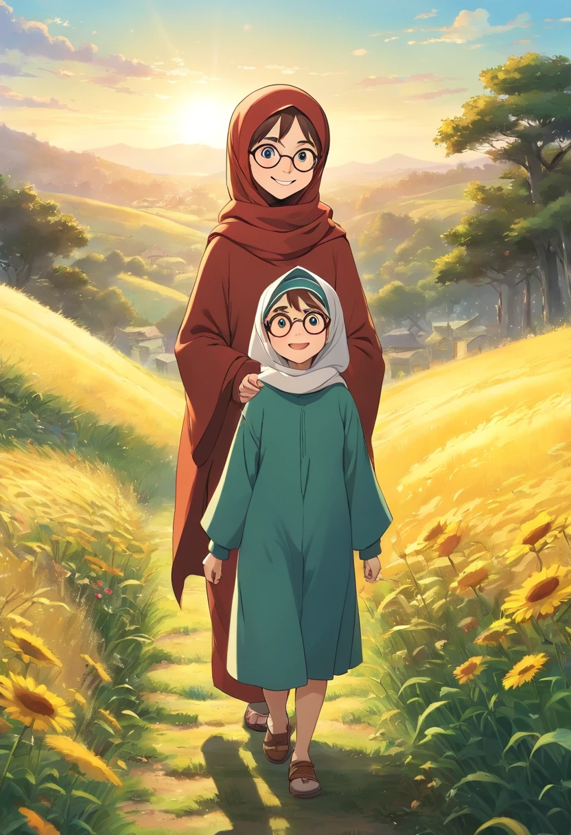 1girl and 1 boy, light smile, shiny skin, the girl is wearing a hijab and the the boy is wearing glasses in eyes, best quality, masterpiece, walking in a musterd field (photorealistic:1.4)