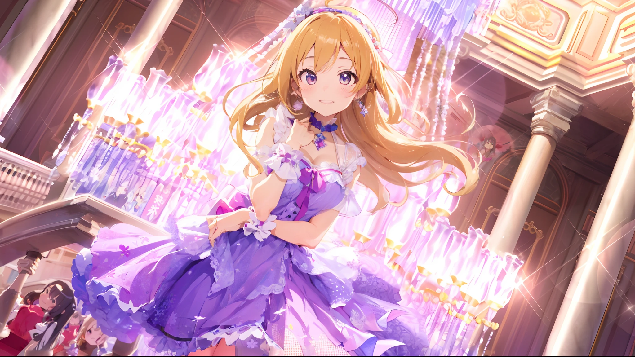 Shin Sato、masutepiece、Anime girl in purple dress, royal elegant pose, splash art anime , high detailed official artwork, lolidress, official artwork, Anime princess, marin kitagawa fanart, Detailed key anime art, blonde - haired princess, smiling as a queen of fairies, Cute anime waifu in a nice dress, idolmaster, Lori