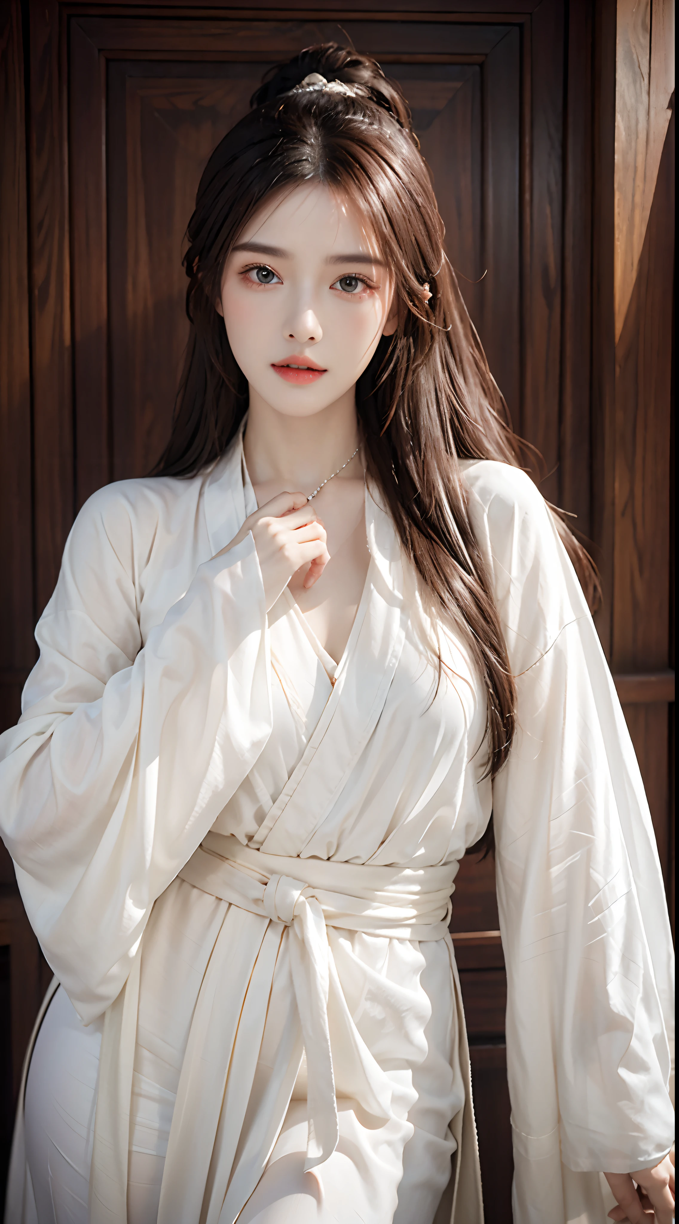 Photorealistic, high resolution, 1 woman, hips up, Beautiful eyes, Long hair, ringed eyes, jewelry, white hair, dunhuang_cloths, hanfu