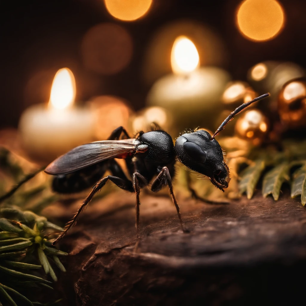 an ant in the Shiny Christmas night surrounded with much colorful light and beautiful gifts