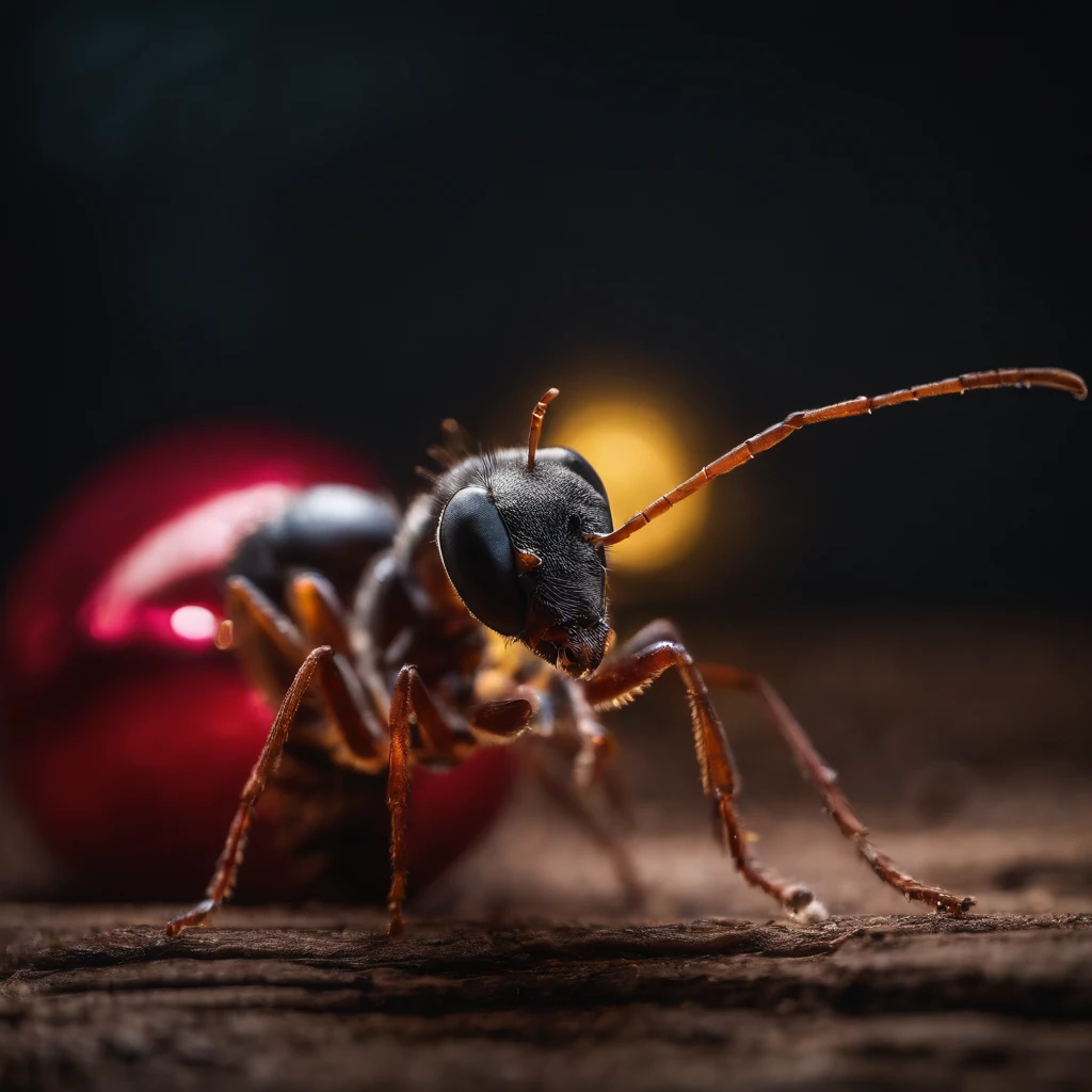 an ant in the Shiny Christmas night surrounded with much colorful light and beautiful gifts