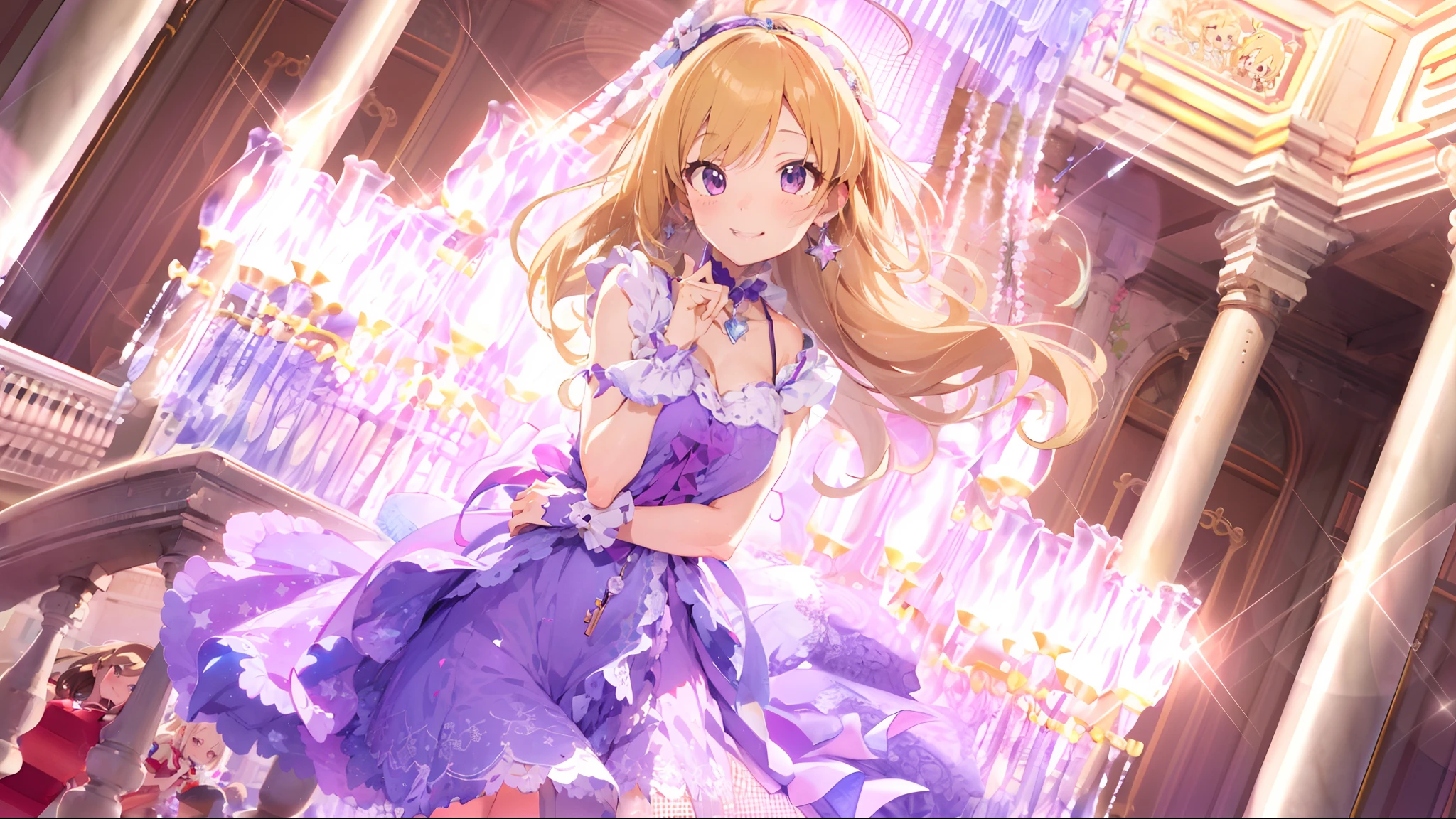 Shin Sato、masutepiece、Anime girl in purple dress, royal elegant pose, splash art anime ****, high detailed official artwork, **** in dress, official artwork, Anime princess, marin kitagawa fanart, Detailed key anime art, blonde - haired princess, smiling as a queen of fairies, Cute anime waifu in a nice dress, idolmaster, Lori