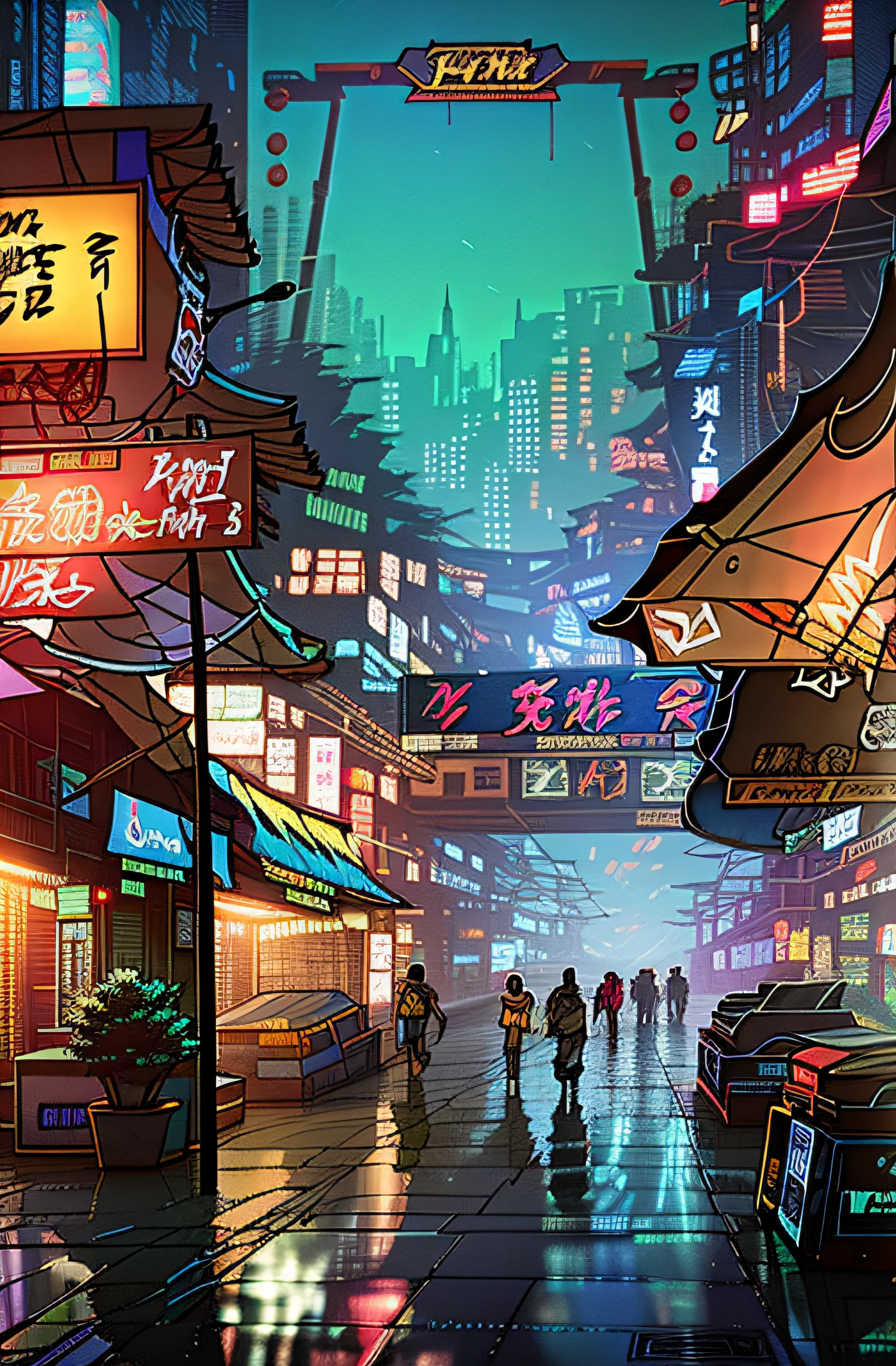 Anime city street view，People walk the streets at night, cyberpunk marketplace, Cyberpunk Street, theme is cyberpunk city market, cyberpunk city street, cyberpunk alley, futuristic street, Sci-Fi Cyberpunk City Street, futuristic city street, china town blade runner, busy cyberpunk metropolis, at cyberpunk city, in a futuristic cyberpunk city, kowloon cyberpunk, cyberpunk blade runner art