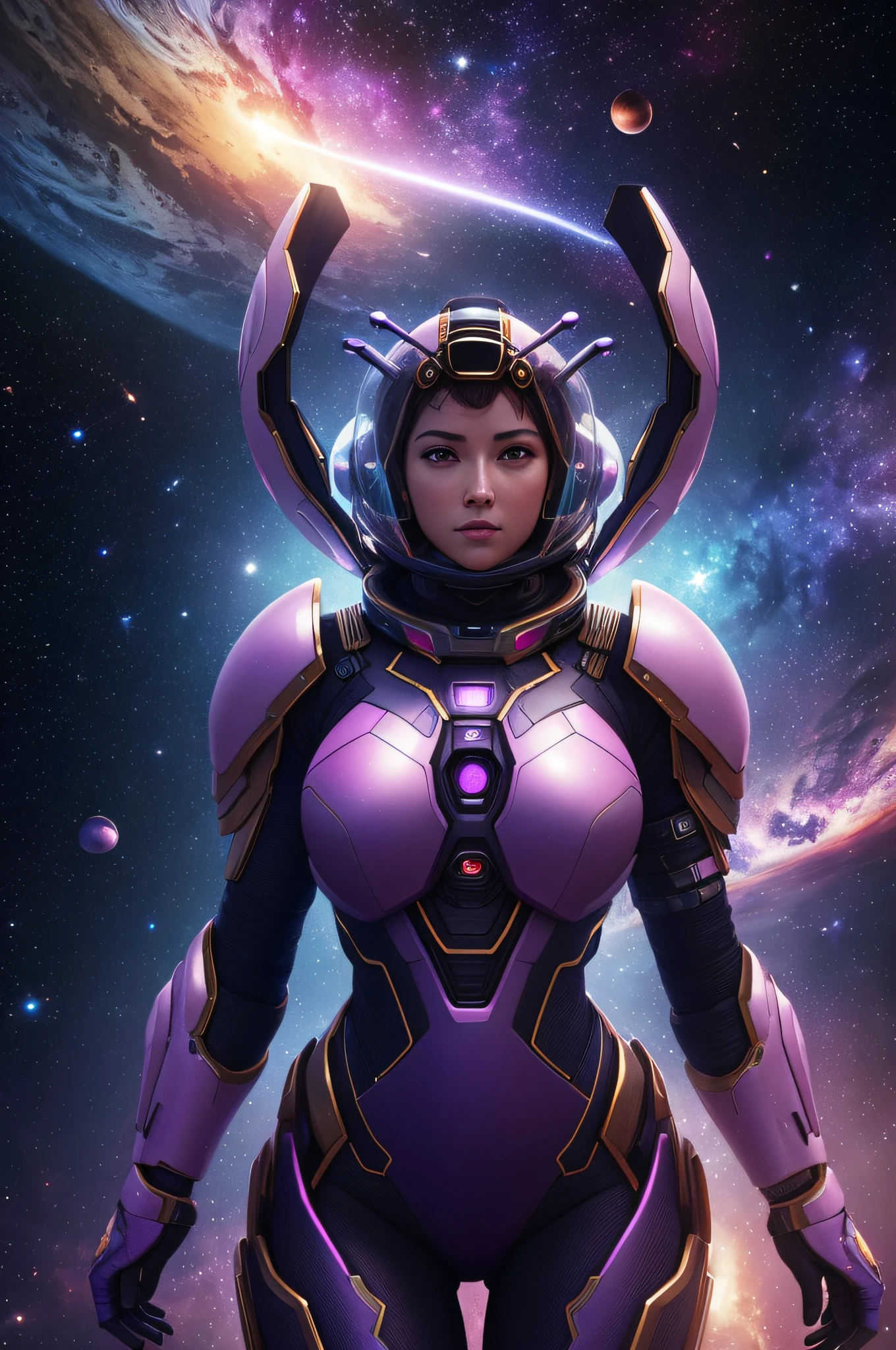 honey bee, deep space, UHD, Luminous Studio graphics engine, purple, blue, cyan, pink, epic action, cosmic background, Photo realistic,  natural lighting, realistic shadows, realistic texture, unreal engine 5, hightly detailed, intricate detailed, mythology