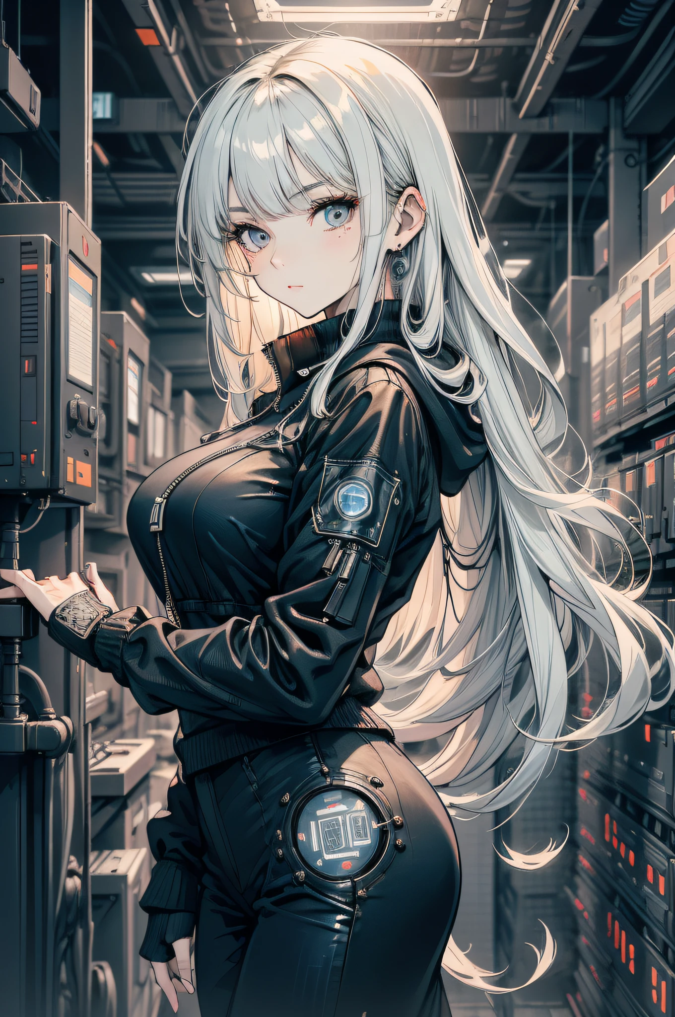 (absurdres, highres, ultra detailed), 1woman, mature female, aged up, wavy long hair, white hair, black eyes, bangs, long sleeves, finely detailed eyes and detailed face, extremely detailed CG unity 8k wallpaper, intricate details, portrait, looking at viewer, solo, (full body:0.6), detailed background, detailed face, (matrix theme:1.1) evil high-tech futuristic hacker, advanced technology, hoodie, techwear, wearable device, keycard, cables, head-up display, blue (holographic display:1.05), access granted, cybersecurity, server room in background, orange lights, dark sinister atmosphere, , portrait, wind swirling