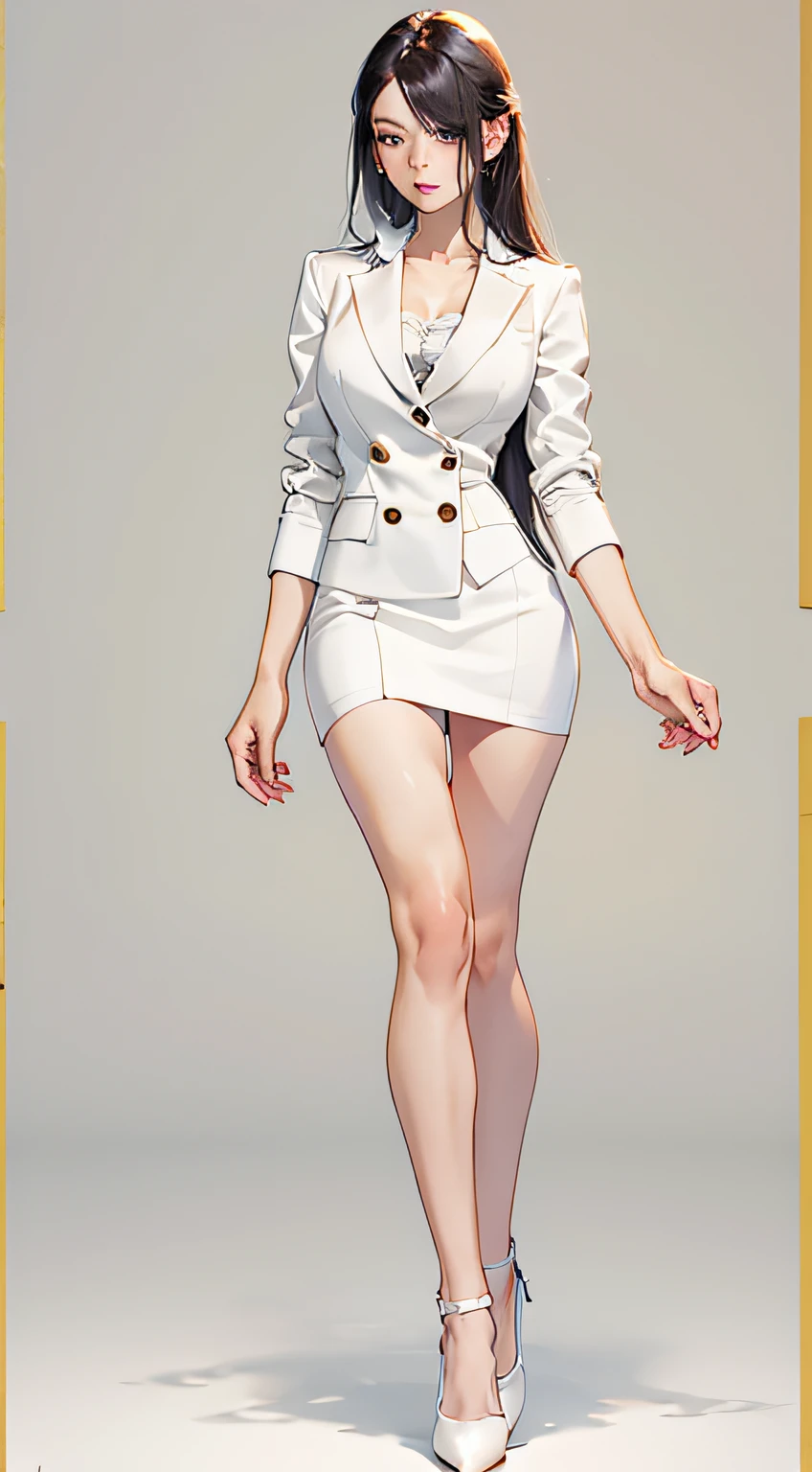 1个Giant Breast Girl,Age 28 years,standing on your feet,dressed in a suit,Holding a folder in his hand,The expression is sweet,mesmerizing eyes,Straight hair,A calm posture,Porcelain-like skin,Subtle blush,a white wall,ultra - detailed,offcial art,统一 8k 壁纸,2.5D thick coating,Characters shrink,fully body photo,Wear high heels