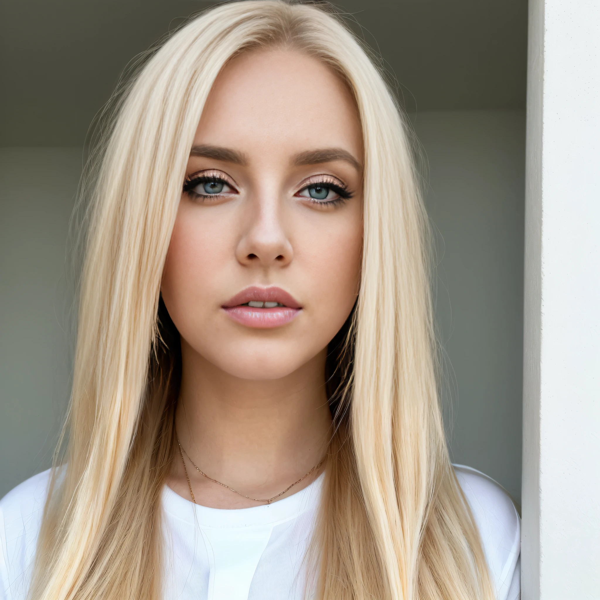 a close up of a woman with long blonde hair and a white shirt, big bold thick eyebrows, long blonde hair and large eyes, with professional makeup, a blond, blonde hair and large eyes, kailee mandel, she has blond hair, most beautiful woman on earth, brunette with dyed blonde hair, ava max, with long blond hair
