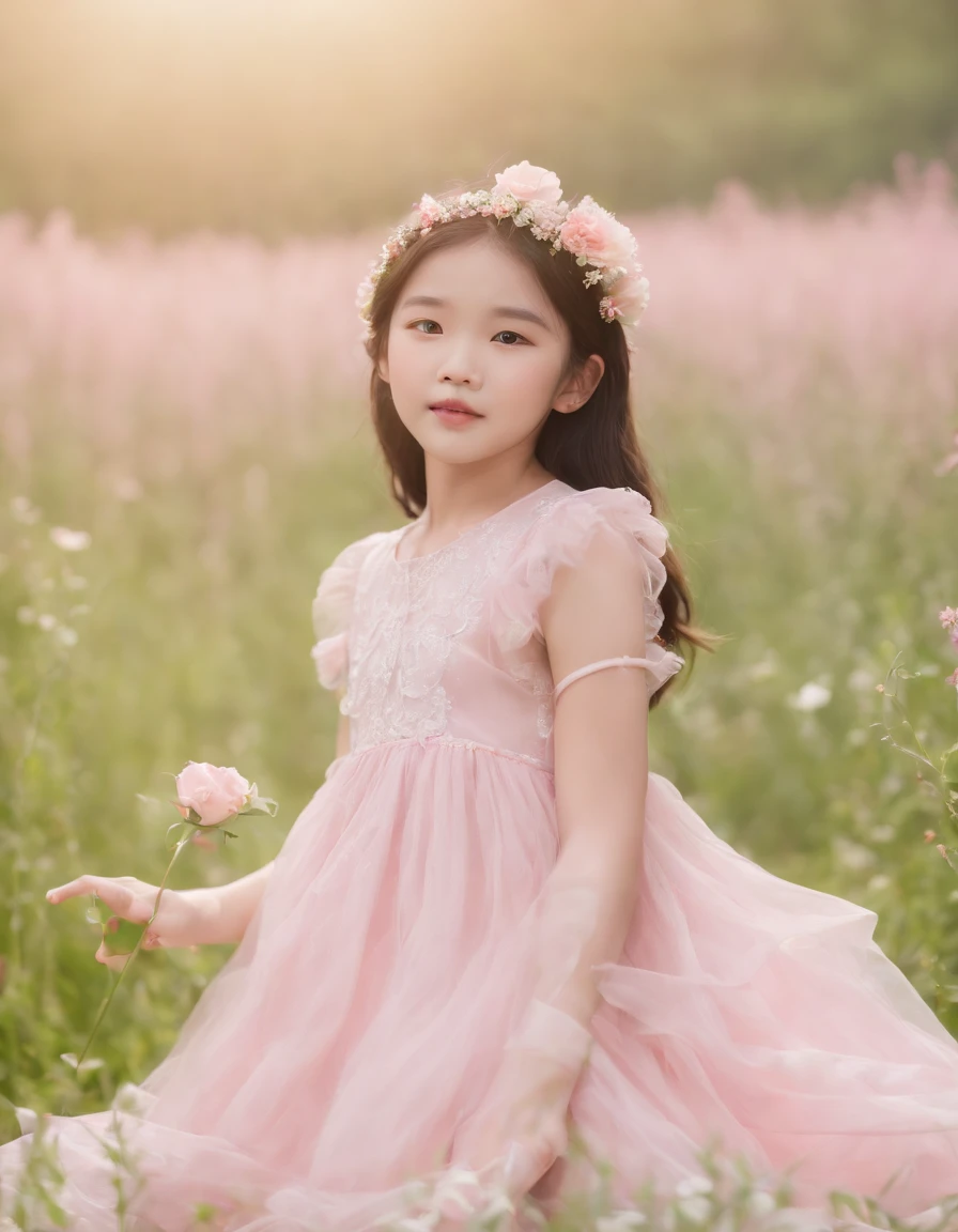 Asian 's style, kawaii aesthetic style, neopop meadows, pink princess dress, flowers put to nose to smell, blush, fair skin, happy, fashionable clothes, bright colors,