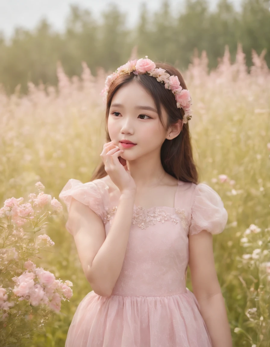 Asian children's style, kawaii aesthetic style, neopop meadows, pink princess dress, flowers put to nose to smell, blush, fair skin, happy, fashionable clothes, bright colors,