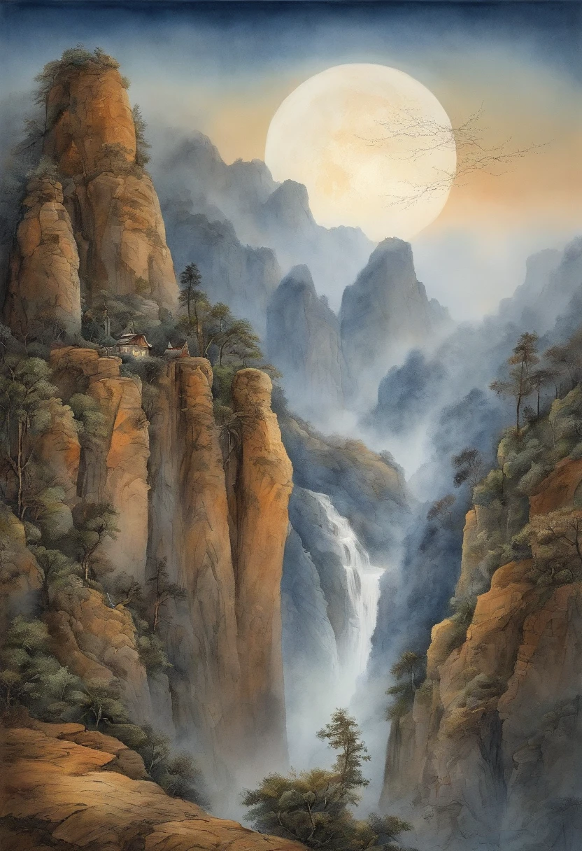 （Tang Feng），（A cliff illuminated by a huge moon），Ultra-long-range viewing angle，No Man，scenecy，the detail