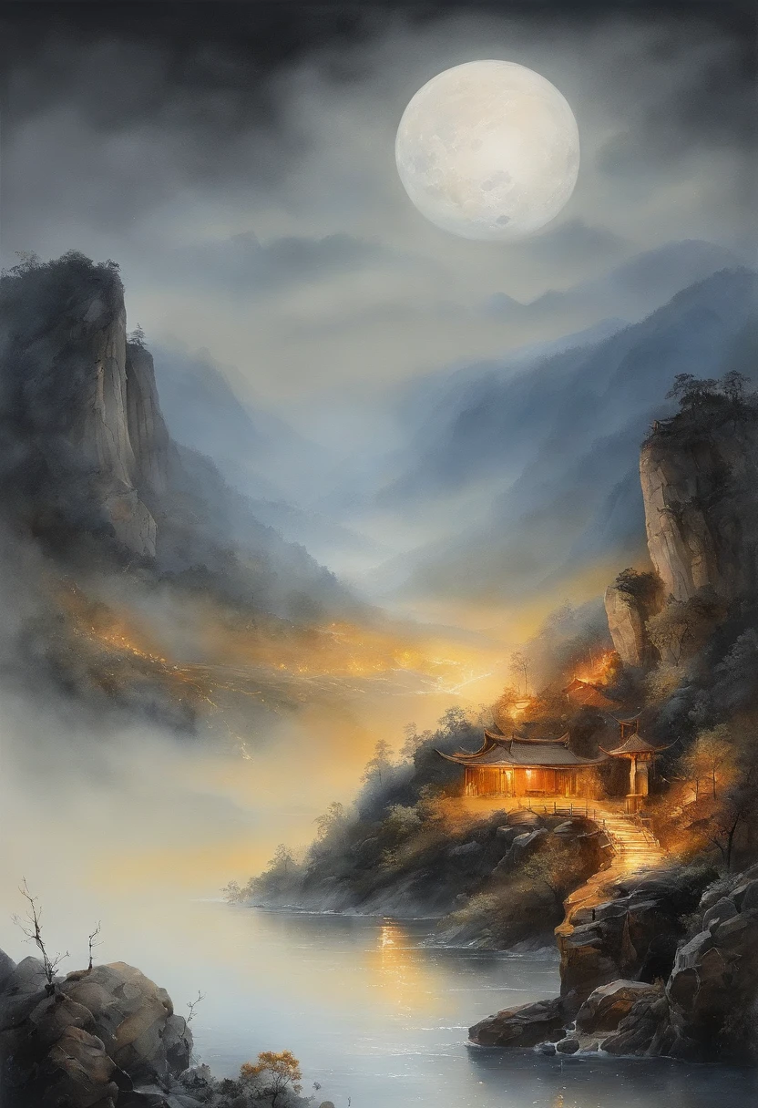 （Tang Feng），（A cliff illuminated by a huge moon），Ultra-long-range viewing angle，No Man，scenecy，the detail