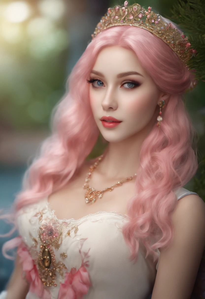 best quality, ultra high res, (photorealistic:1.4), (detailed beautiful girl:1.4), (medium breasts:0.8), looking_at_viewer, Detailed facial details, beautiful detailed eyes,pink hair, blue eyes, slender, haunting smile, (makeup:0.3), red lips, highly detailed clothes, (ulzzang-6500-v1.1:0.3)
