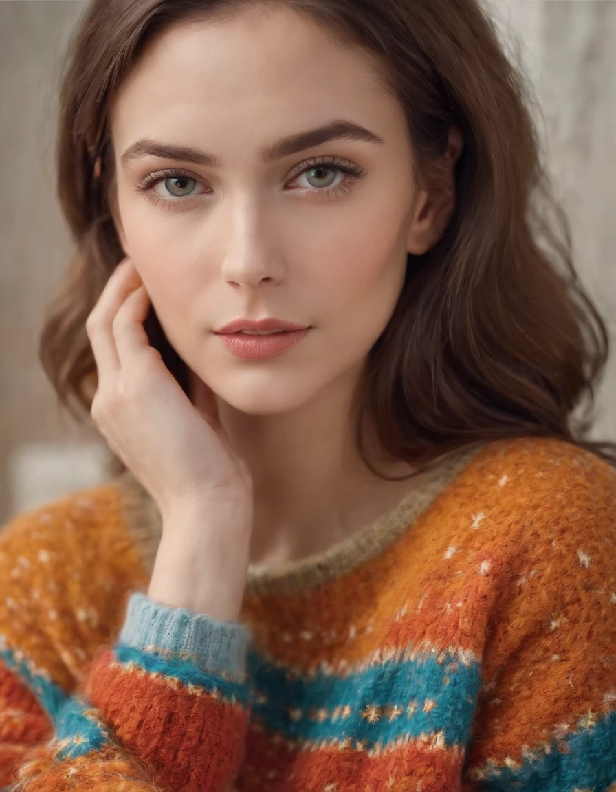 woman in a colorful retro sweater, ,beautiful face, close up shot, daylight, high quality photo.