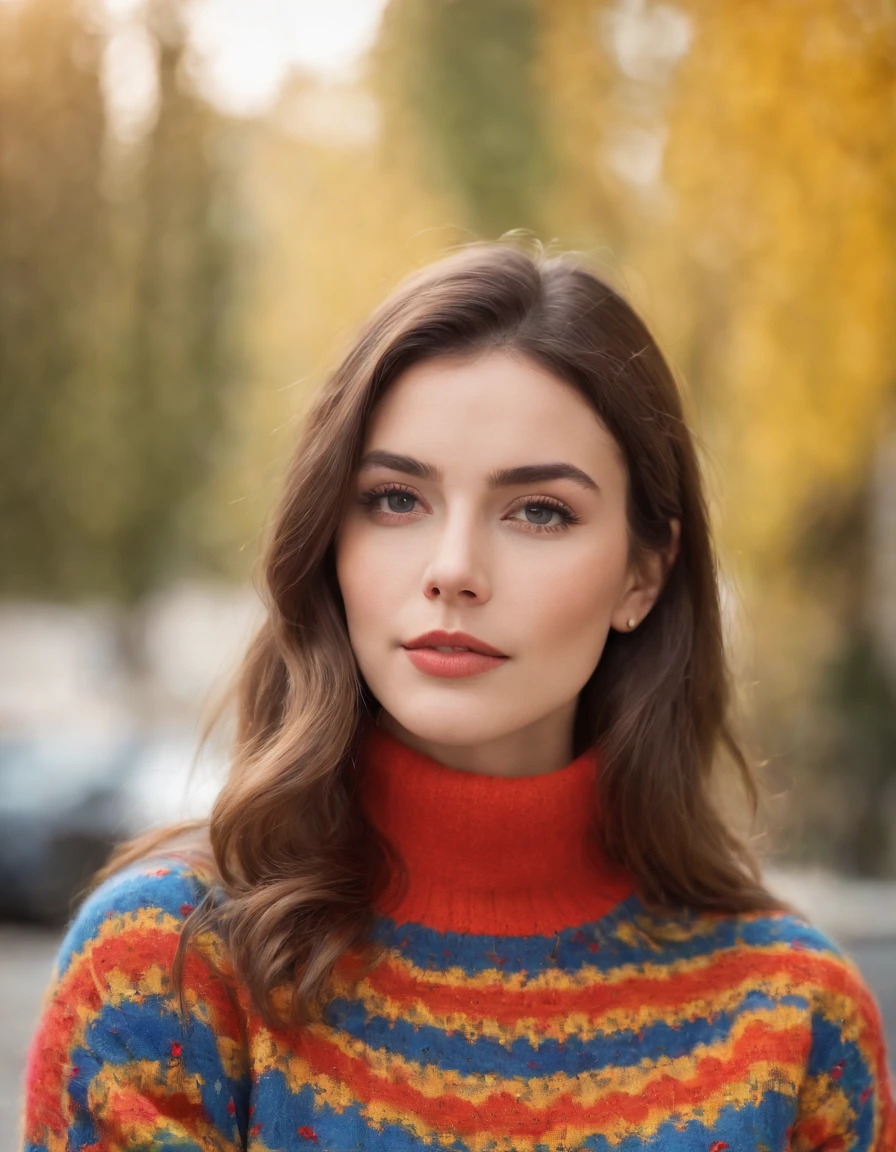 woman in a colorful retro sweater,  ,beautiful face, close up shot, daylight, high quality photo.