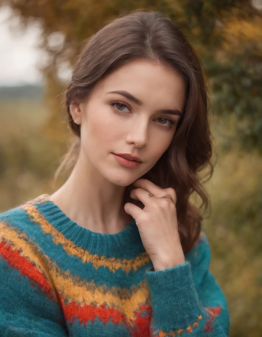 woman in a colorful retro sweater, ,beautiful face, close up shot, daylight, high quality photo.