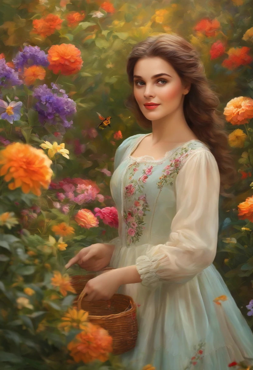A girl in a colorful garden, surrounded by vibrant flowers and lush greenery, her eyes sparkling with joy. She is wearing a flowing dress that matches the vibrant colors of the flowers. The sunlight filters through the leaves, casting a warm glow on her face. The garden is filled with the sweet scent of blooming flowers and the sound of buzzing bees. The girl is holding a paintbrush and palette, capturing the beauty of the garden on canvas. The artwork she creates is filled with intricate details and vibrant colors, bringing the garden to life. The painting is a masterpiece (best quality, highres:1.2), capturing every minute detail of the flowers and plants. The colors are vivid and the brushstrokes are precise. The artwork has a photorealistic (real