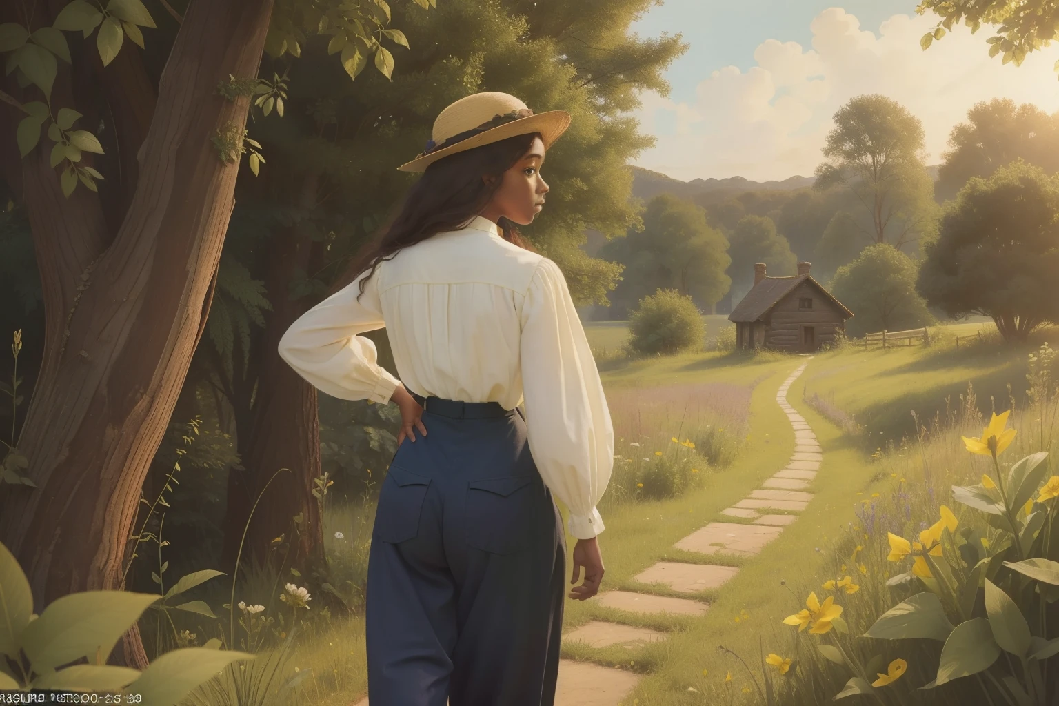 in a pre-raphaelite meadow, we see a close-up of the back of a 17-year-old black girl heading to the ruins of a cabin, ((wearing 1910s clothes shirt and trousers)), mystery