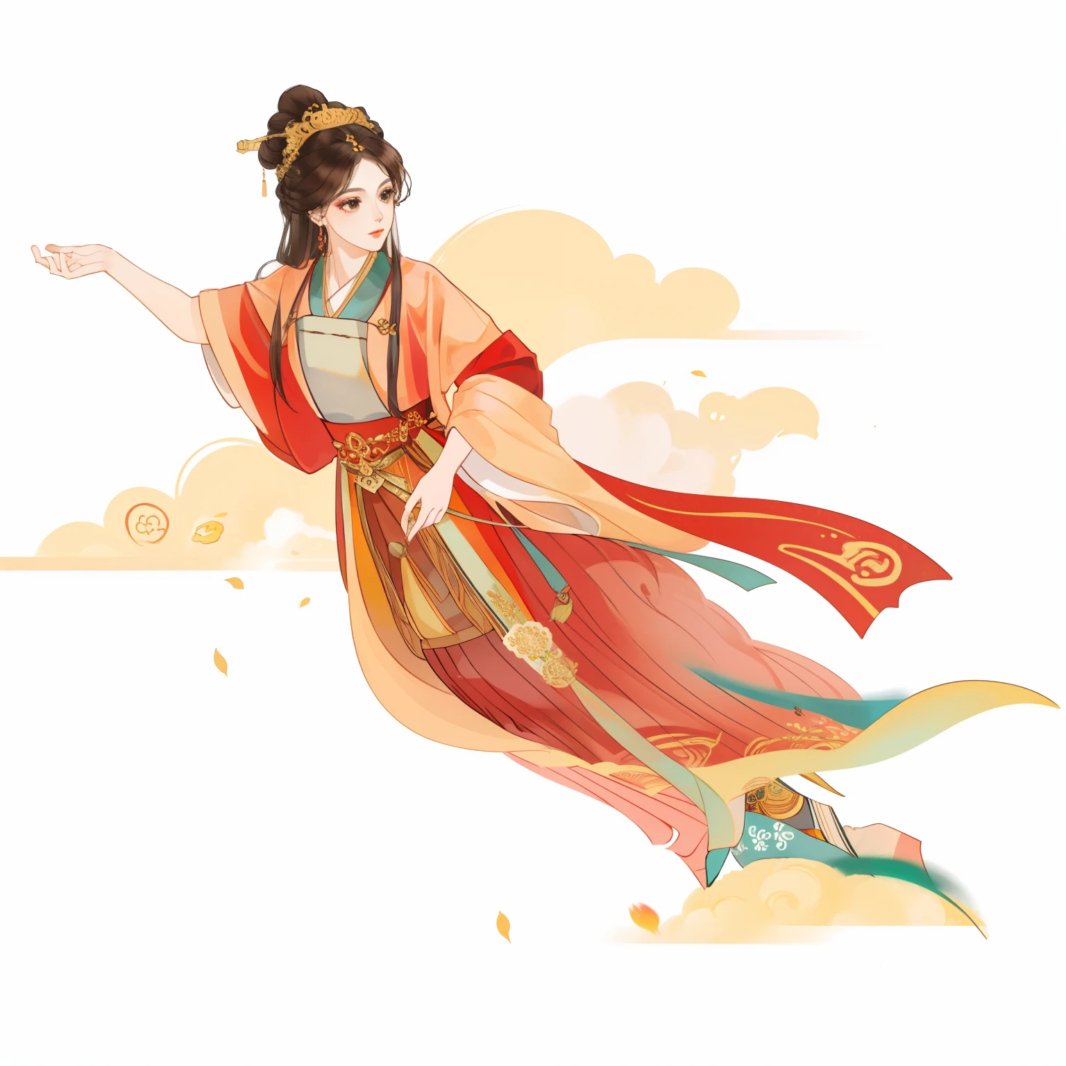 best qualityer,highly detailed,tmasterpiece,ultra - detailed,独奏,A woman who is,25 years old woman,full bodyesbian,,Chang'e rushes to the moon,Chang'e,Flying,Dunhuang Flying Sky,Chinese costumes,Hanfu,Traditional Chinese hair bun,(Elaborate Eyes),(full bodyesbian),(1girll),(Black eyes),brunette color hair ,long whitr hair ,Holding the rabbit,White rabbit,There is a woman in a kimono skirt flying in the sky, an ancient Chinese goddess, Princesa chinesa antiga, China Princess, Inspired by Lan Ying, Palace , A girl in Hanfu, ancient chinese beauti, ancient asian dynasty princess, chinese empress, inspired by Shang Xi, Wearing ancient Chinese clothes, Inspired by Qiu Ying, inspired by Tang Di