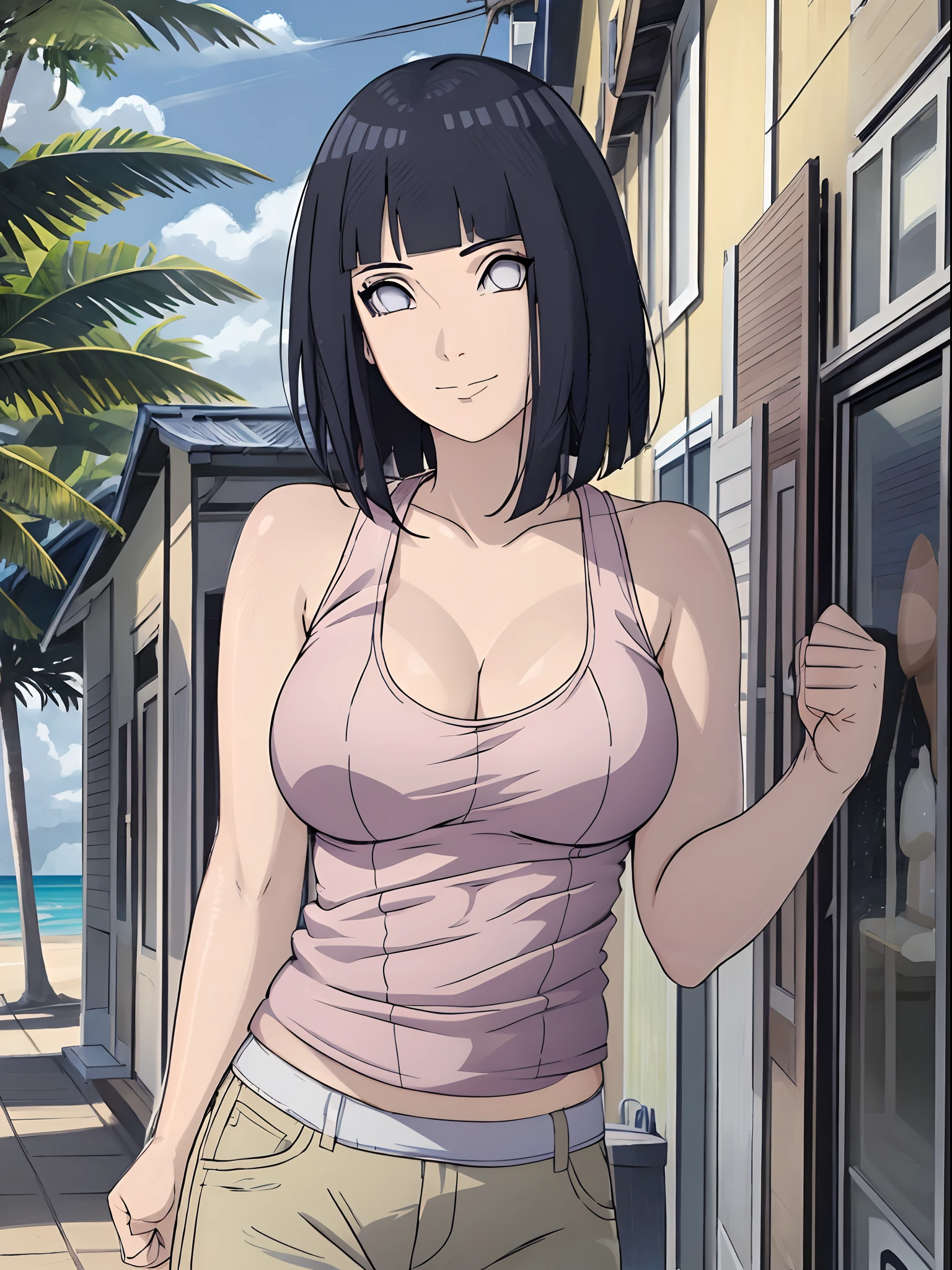 (WALLPAPER, (hinata\(boruto\), white pants, masterpiece, 4k, vector coloring, whole body shot, (high color saturation), contrast lighting, mature female, (curvy:0.8), solo, anime style, sharp focus, professional artwork, intricate details, colorful, vibrant colors, vivid colors, digital blending, ultra detailed body, ultra detail hair, ultra detail face, trending on pixiv, very hot colors, (((beach background, outdoors))), detailed bold arm lines, high color saturation, bold lines, bold drawing lines),
(standing, (head tilt), closed mouth, kind smile, extremely happy),
((dark blue hair color:1.1), wavy hair, ((short hair, hime cut)),
(perfect eyes, white sciera, bright eyes, white eyes, anime eyes, smoky eyeliner, eyeshadow)
(white skin, (fair skin), slender body, milf, perfect face),
(legs, big breasts, off-shoulders, (detailed shoulders)),
(bare shoulders, bare legs, (closed fists), hands down),
(((white tank top))))