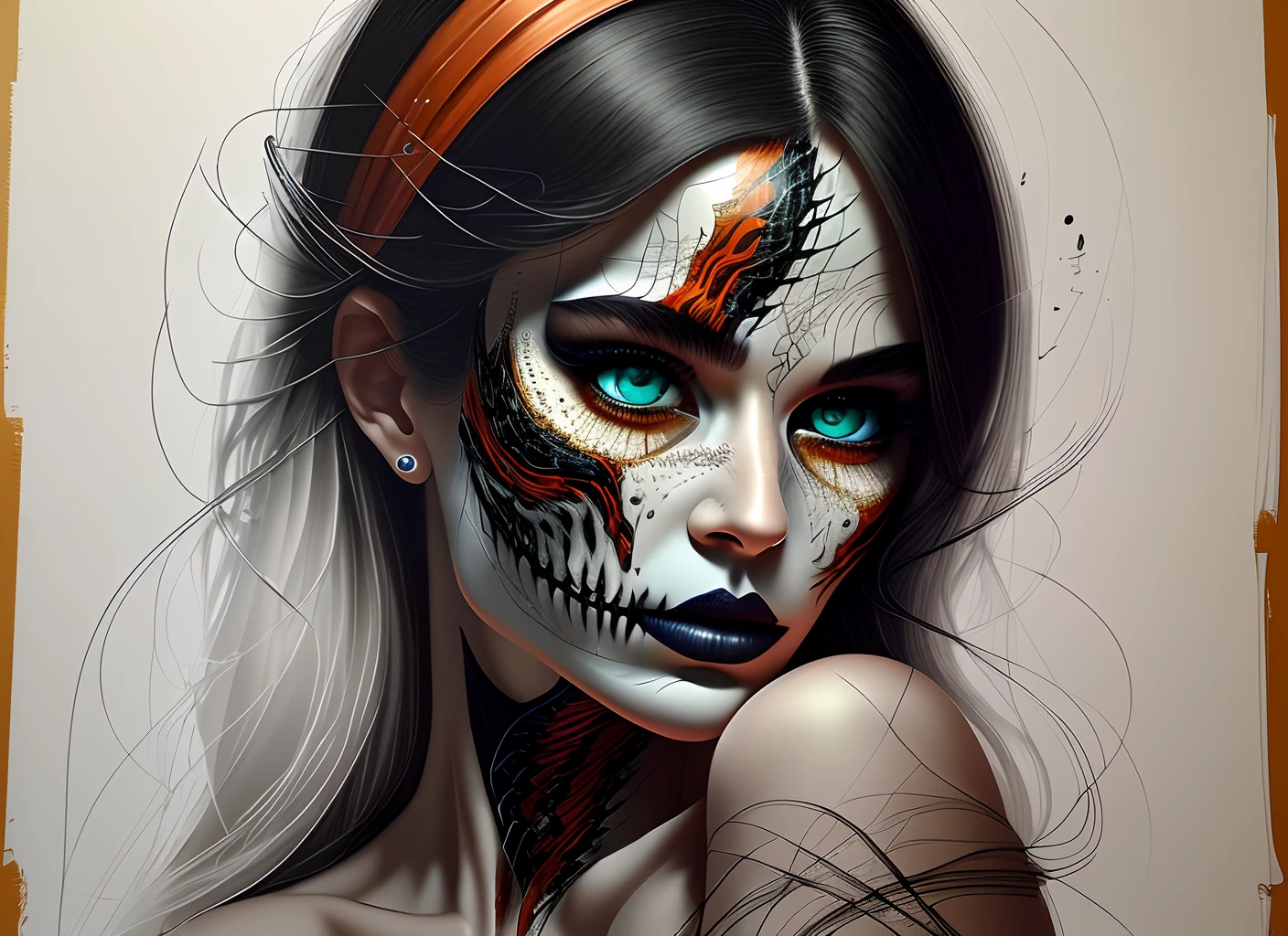 Create a hyper detailed photograph of a tattooed muscular young sexy sally Skellington, Stunningly perfect gorgeous face, perfect makeup,detailed vibrant eyes, long hair, big beautiful muscular legs, big beautiful muscular arms, big back muscles, realistic torso, muscular abs, detailed smooth skin, big breast, big muscular ass,