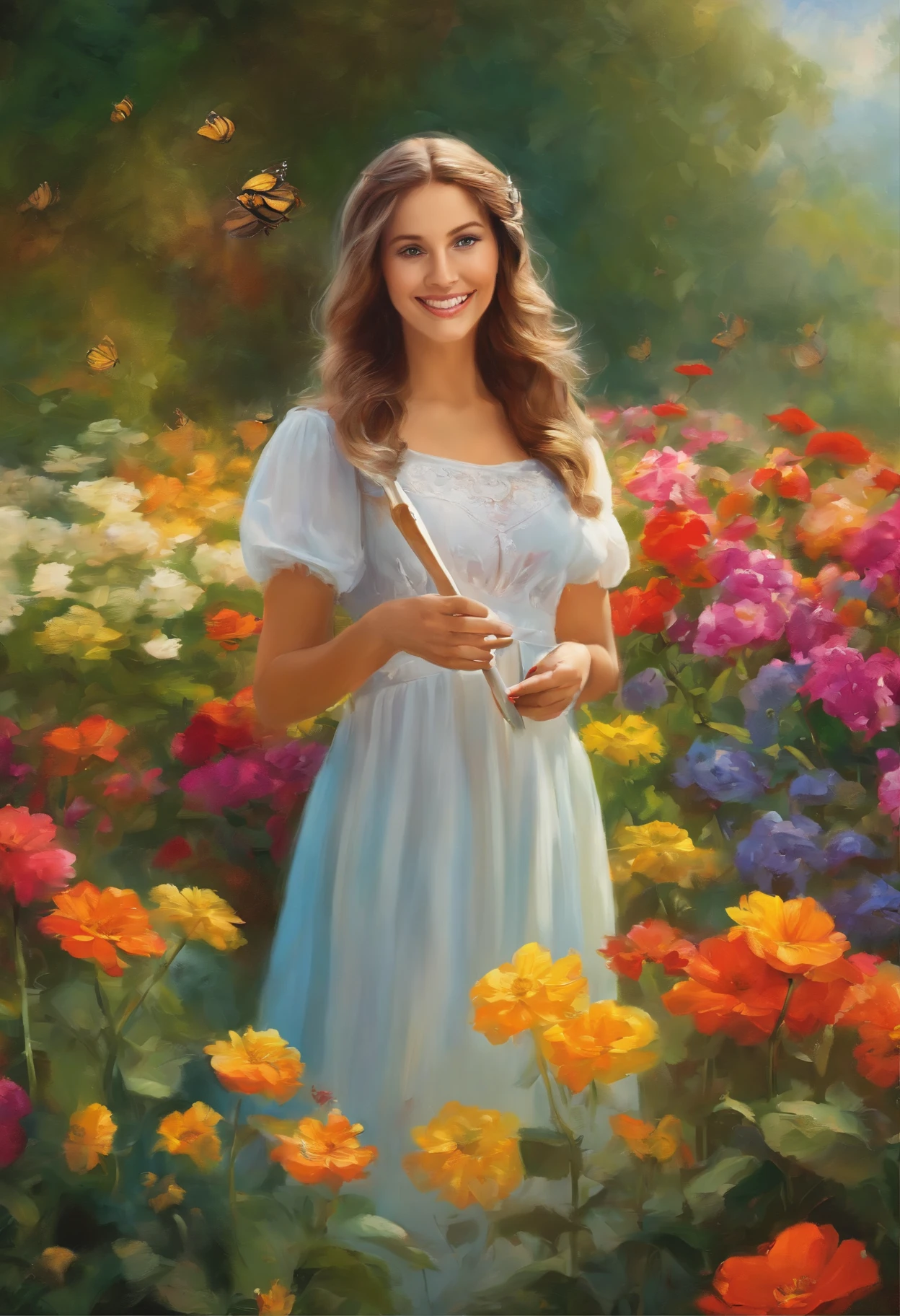 A girl in a colorful garden, surrounded by vibrant flowers and lush greenery, her eyes sparkling with joy. She is wearing a flowing dress that matches the vibrant colors of the flowers. The sunlight filters through the leaves, casting a warm glow on her face. The garden is filled with the sweet scent of blooming flowers and the sound of buzzing bees. The girl is holding a paintbrush and palette, capturing the beauty of the garden on canvas. The artwork she creates is filled with intricate details and vibrant colors, bringing the garden to life. The painting is a masterpiece (best quality, highres:1.2), capturing every minute detail of the flowers and plants. The colors are vivid and the brushstrokes are precise. The artwork has a photorealistic (real