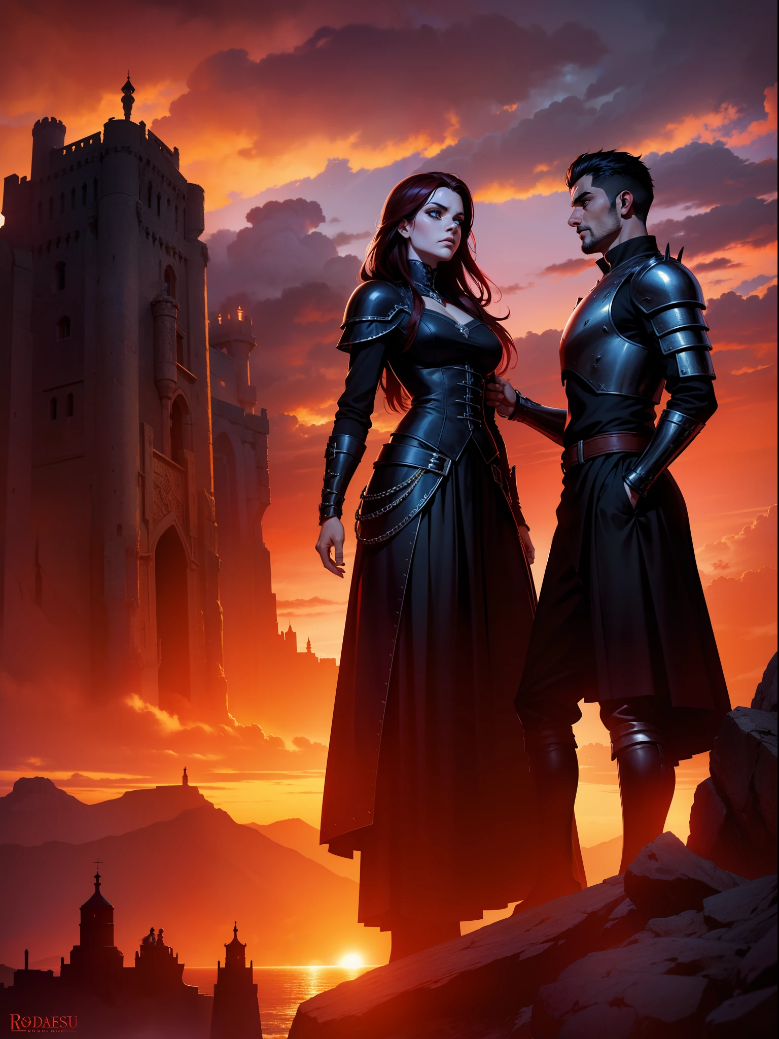 Dois personagens anjos guerreiros com livros preso a cintura, a remarkable beauty, Magnificent, cor azul dos olhos, Red sky with magnificent clouds, Torre do Mago, castelo de magia, Roupas por baixo da armadura na cor roxa, arms crossed in imposing pose and on top of a tall rock, black and red gothic clothing, entardecer extremamente detalhado, 8k, magnifica, dramatic scene, Red and black Gothic armor, cabelos longos e lisos, olhos azuis, se reencontrando