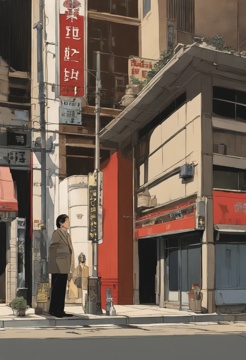 there is a man with glasses and a tie in front of a sign, けもの, shinya tsukamoto, art jiro matsumoto, fujita goro!, satoshi - kon, katsuhiro, hideki anno, sakimimichan, booru, shotaro ishinomori, otomo, kastuhiro otomo