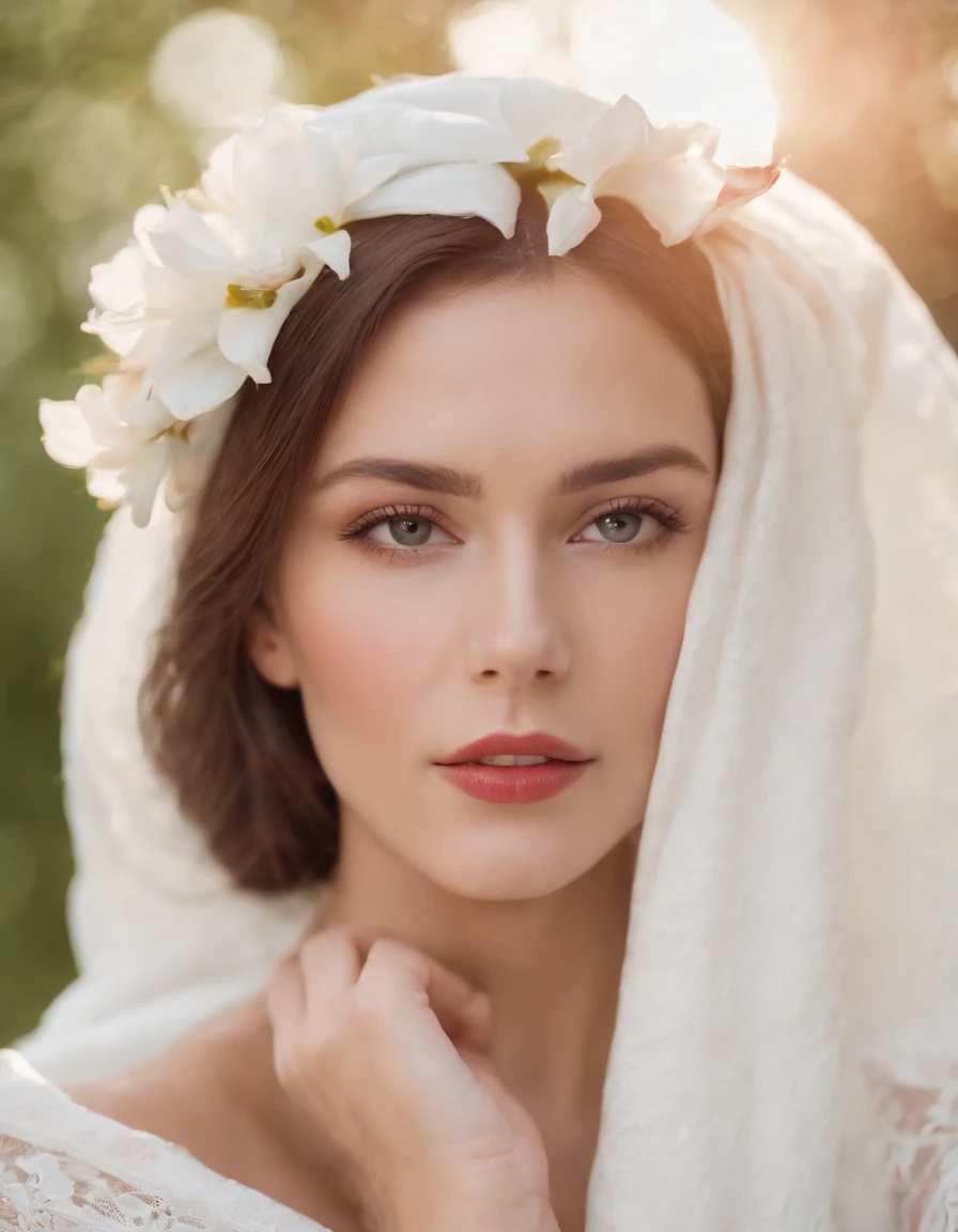 woman with a white blanket blouse, hair painted white, with a red flower in front of her covering one eye and part of her face, natural sunlight, close up framing her face, light colors, bokeh style, in the style of ultrafine detail, high quality photo.