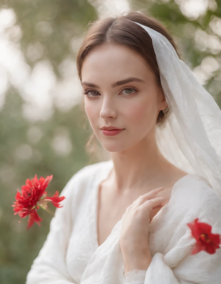 woman with a white blanket blouse, hair painted white, with a red flower in front of her covering one eye and part of her face, natural sunlight, close up framing her face, light colors, bokeh style, in the style of ultrafine detail, high quality photo.