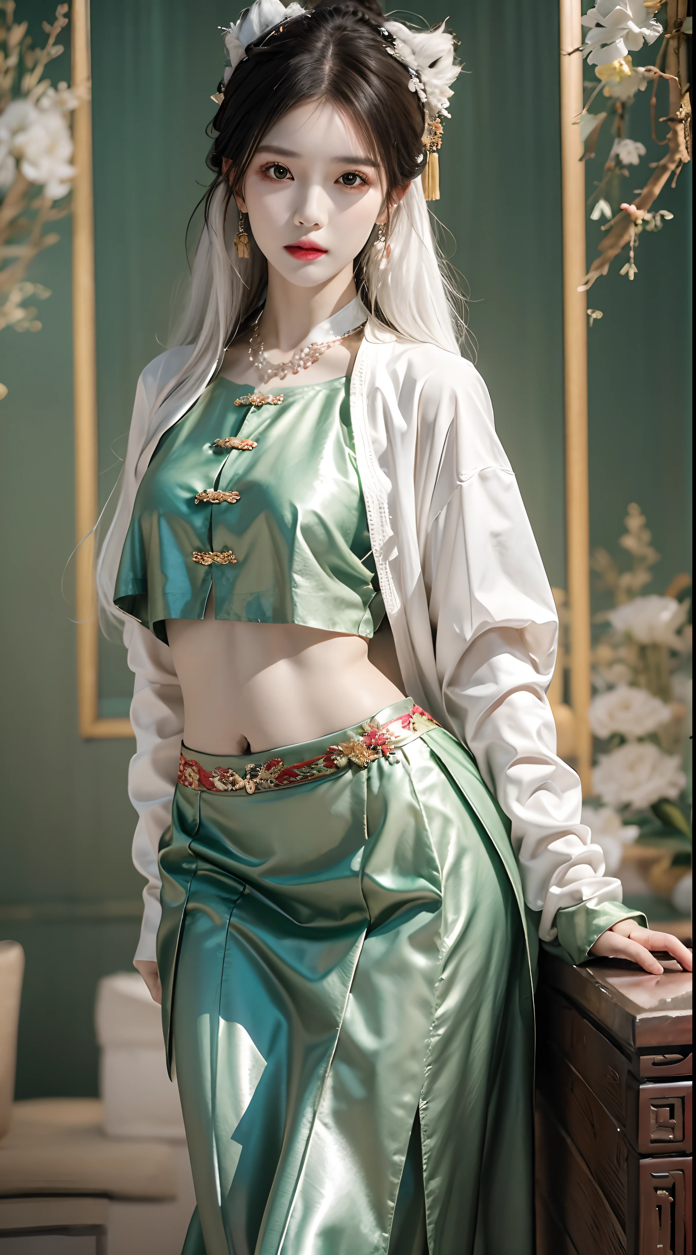 Photorealistic, high resolution, 1 woman, Hips up, Beautiful eyes, Long hair, ringed eyes, jewelry, white hair, red chinese skirt, green chinese shirt