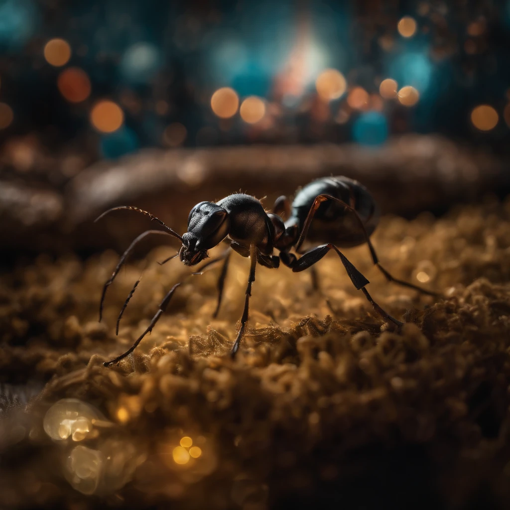 an ant in the Shiny Christmas night surrounded with colorful light and many Christmas gifts