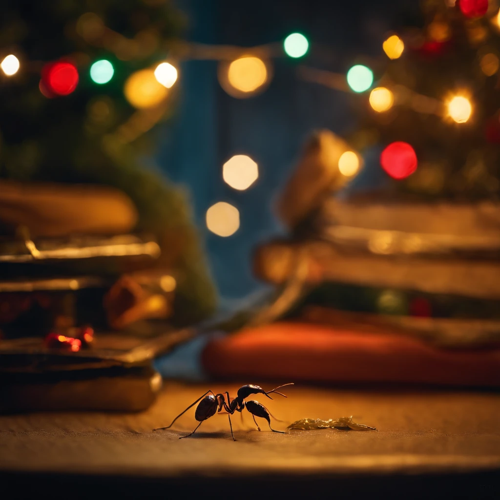 an ant in the Shiny Christmas night surrounded with colorful light and many Christmas gifts