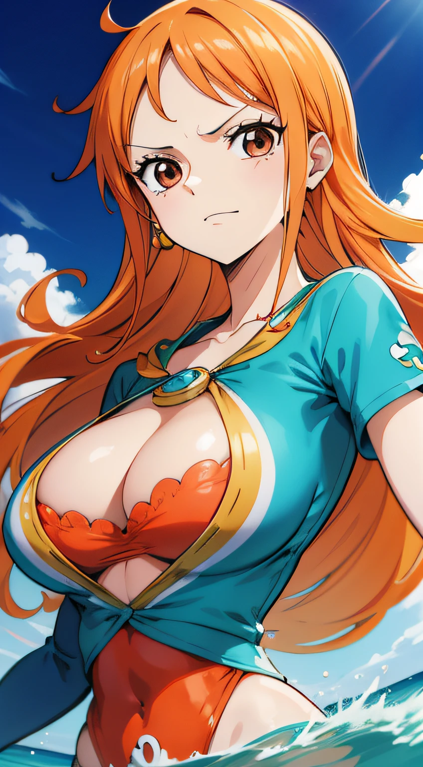 Generar una imagen realista de estilo anime de Nami de One Piece. Captura su apariencia distintiva con cabello naranja, una camisa a rayas azules y blancas, and a cheerful expression. Make sure the picture reflects your adventurous and confident personality as shown in the anime.., cuerpo completo, Plano amplio , NSFW, Curvy athletic body, Antecedentes de la isla,top de sujetador, falda, ojos naranjas, ojos naranjas