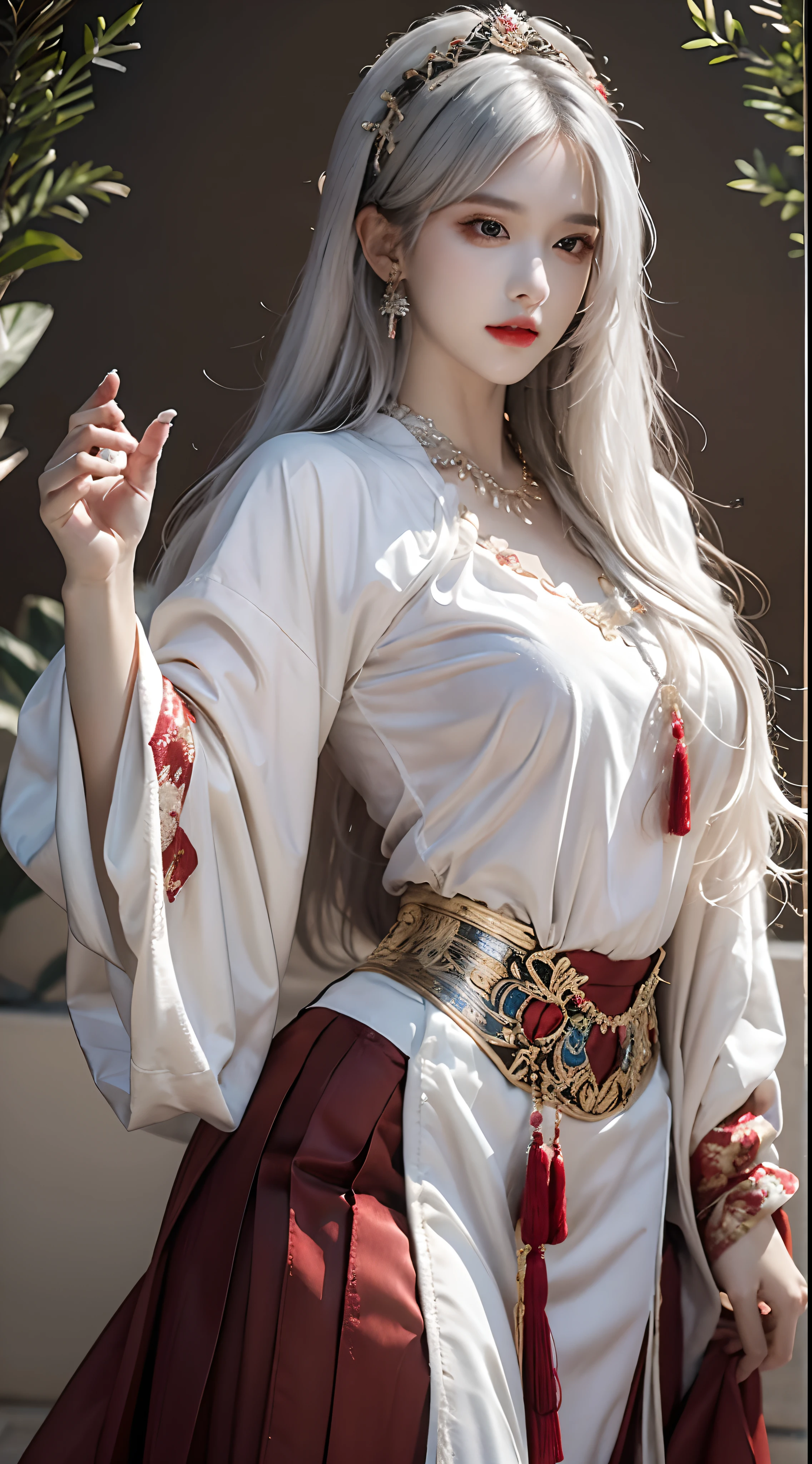 Photorealistic, high resolution, 1 woman, Hips up, Beautiful eyes, Long hair, ringed eyes, jewelry, white hair, red chinese long skirt shirt